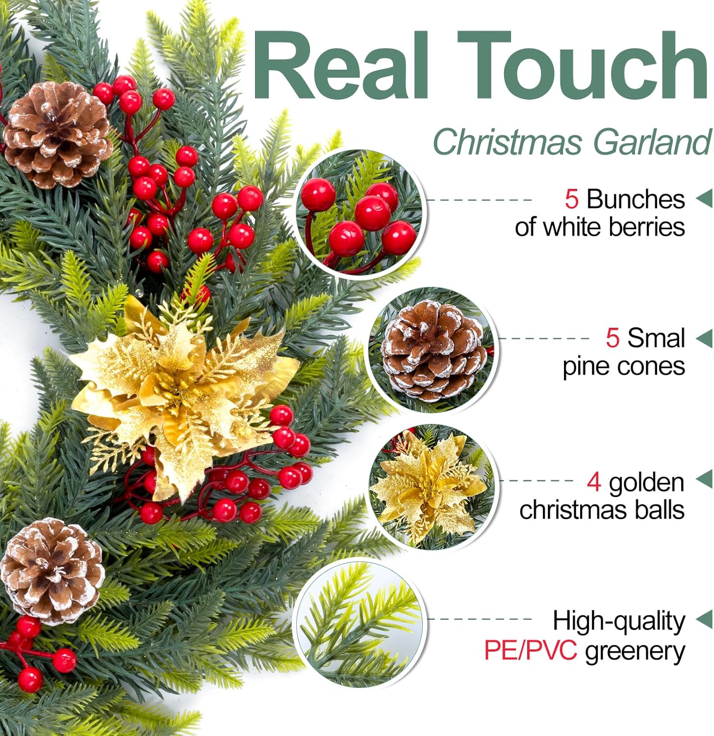 6.5FT Christmas Garland with Star Lights,Prelit Christmas Decorations,Lighted Garland with Battery Operated,Golden Flower Denser Realistic Gradient Xmas Greenery,Home Decor for Mantle Fireplace Table