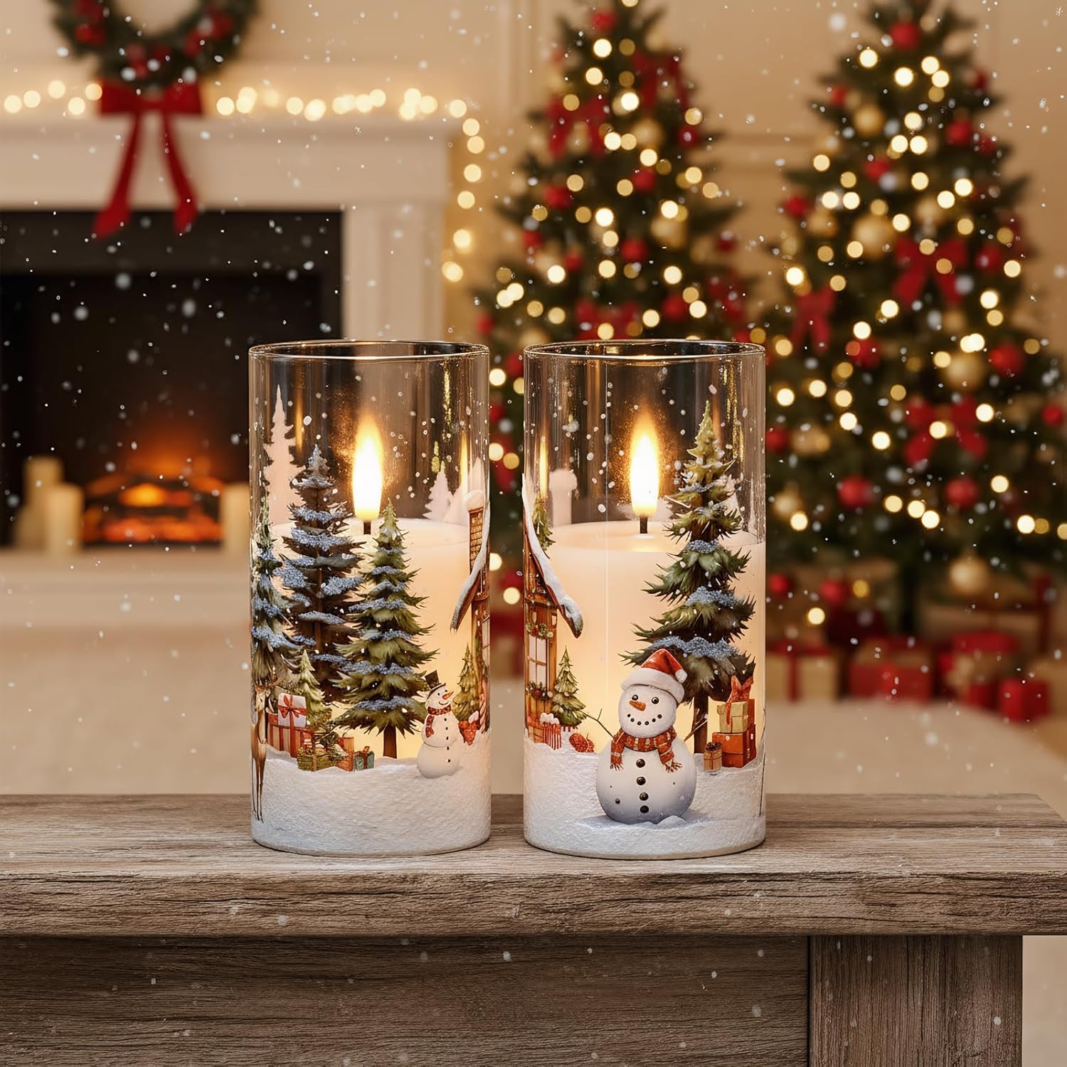 GenSwin Christmas Flameless Candles with Remote Timer, Set of 2 Christmas LED Glass Battery Operated Candles with Cedar, Snowman, Reindeer, Snowy House Decals for Holiday Winter Home Decor(D3” x H6”)