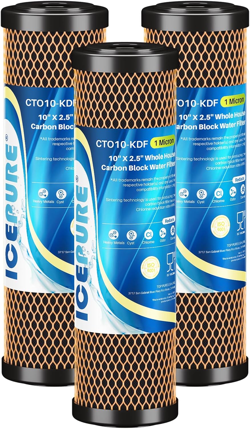 ICEPURE 1 Micron 2.5" x 10" Whole House Water Filter Coconut Shell Activated CTO Carbon and KDF Cartridge for Home, Compatible with WFPFC8002, WFPFC9001, FXWTC, SCWH-5, WHEF-WHWC, AMZN-SCWH-5, 3PACK