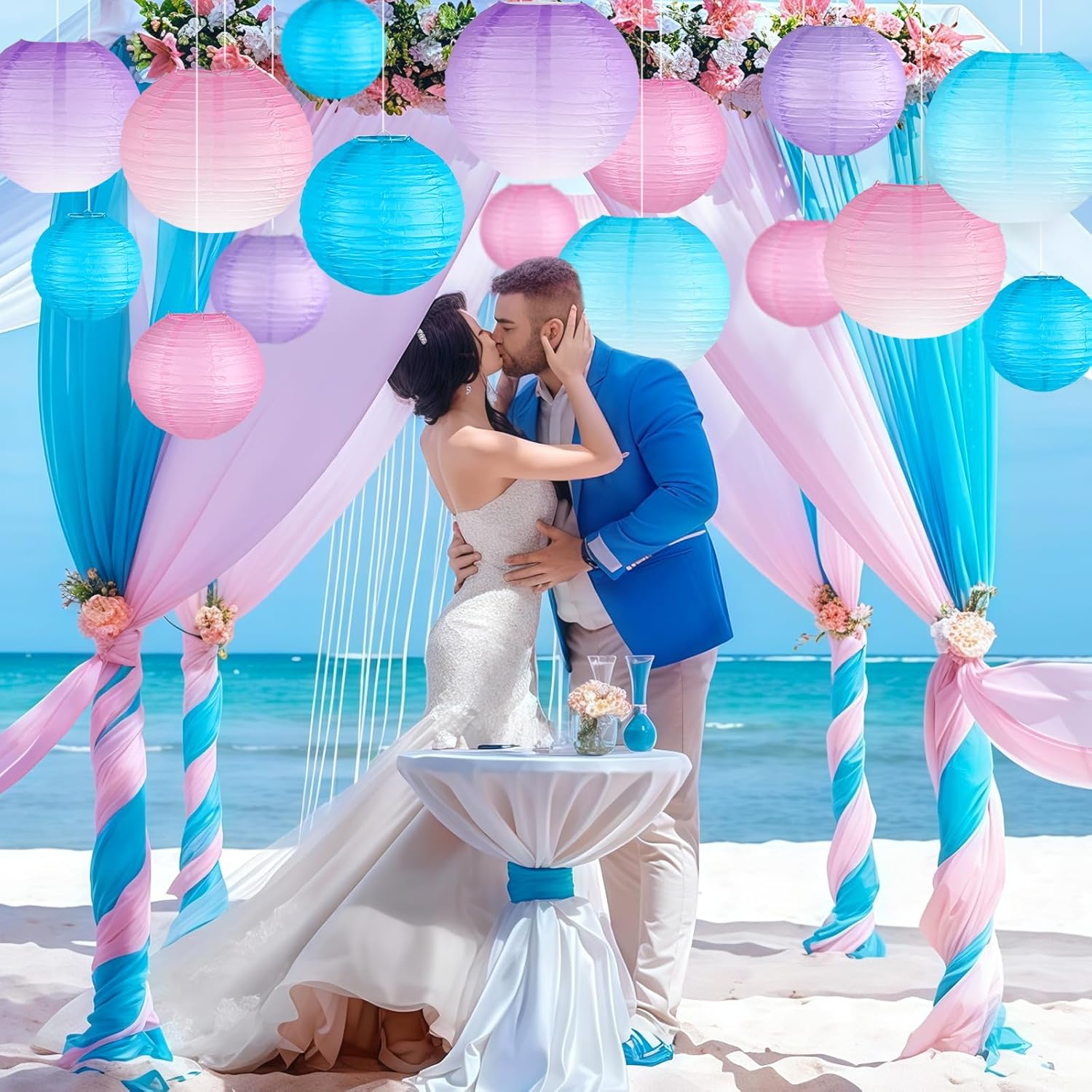 Paper Lanterns Decorative, Gradient Blue Purple Pink Round Hanging Paper Lantern Decorations for Under The Sea Theme Birthday Party, Wedding, Baby Shower, Home Decor, 15Pcs