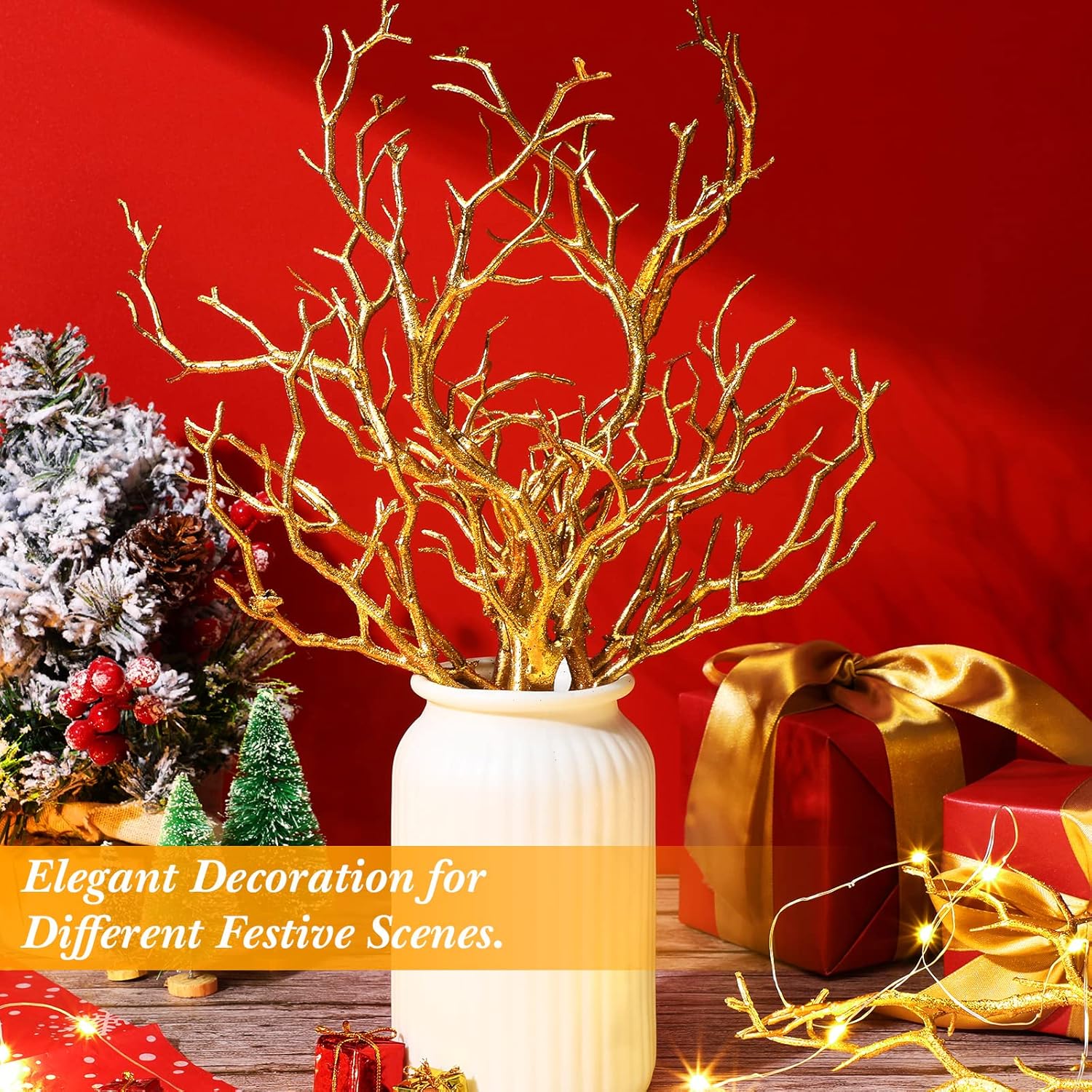 Geosar 13.8 Inch Small Manzanita Branches Plastic Faux Branches Artificial Antler Shaped Tree Branch Decorative Plant Twigs for Home Wedding Table Centerpiece Festival Decors(Glitter Gold,10 Pieces)