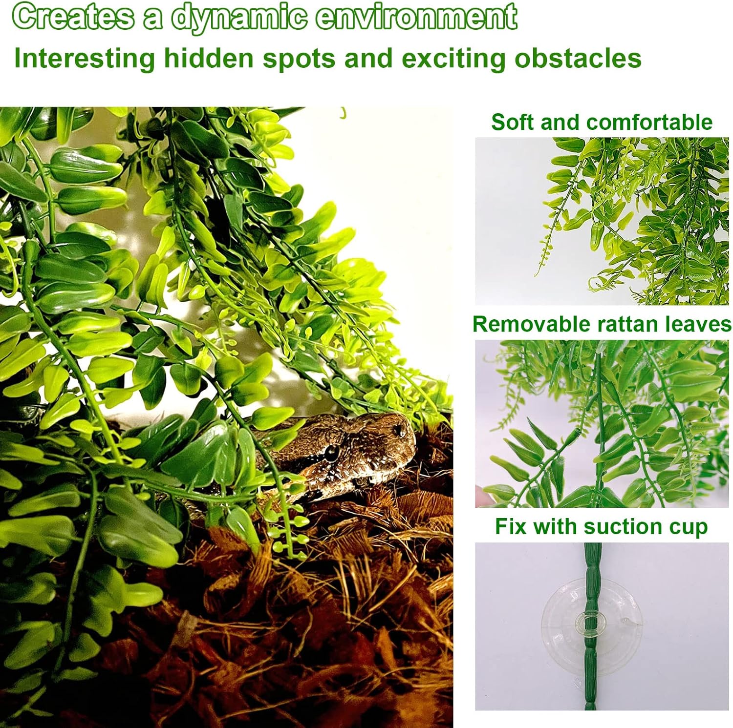 kathson Reptile Corner Branch Decor,Leopard Gecko Climbing Bamboo Wood with Suction Cup,Bearded Dragons Habitat Hanging Vines Plants Decoration,Lizards Tank Accessories for Amphibians,Snakes,Frogs