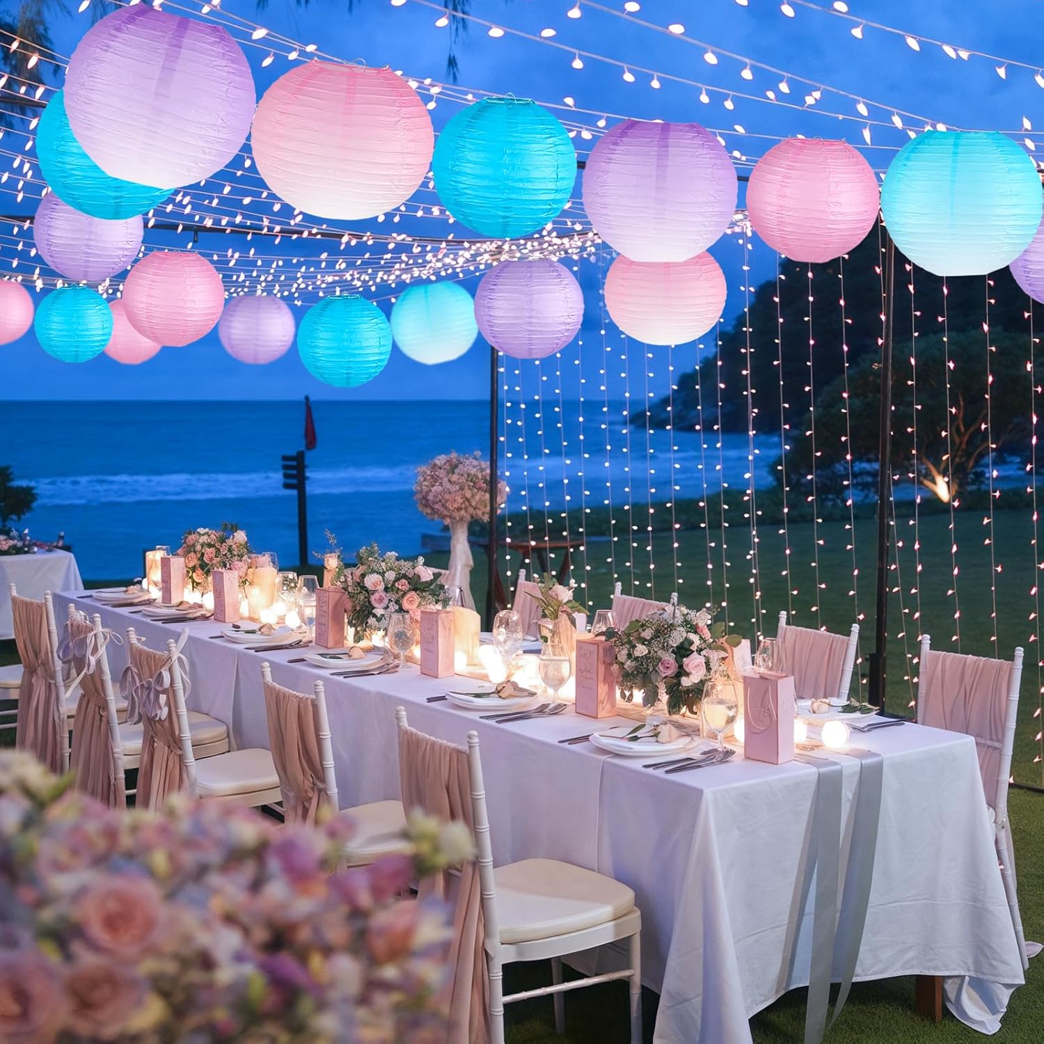 Paper Lanterns Decorative, Gradient Blue Purple Pink Round Hanging Paper Lantern Decorations for Under The Sea Theme Birthday Party, Wedding, Baby Shower, Home Decor, 15Pcs