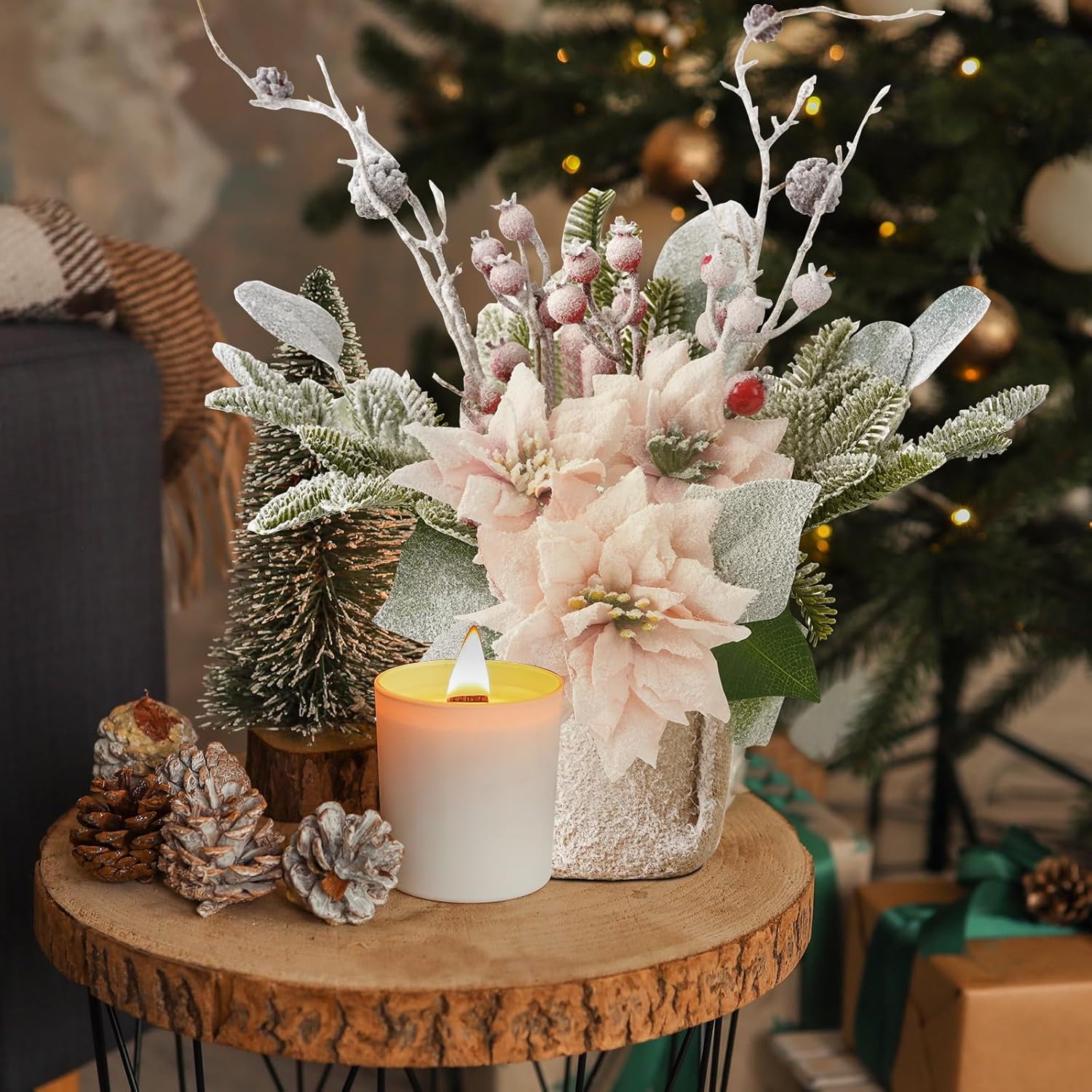 Artificial Poinsettias Christmas Flowers with Red Berry Pine Cone Branches Linen Base,12” Faux Poinsettias Plants for Home Office Table Fireplace Winter Indoor Christmas Decorations Pink