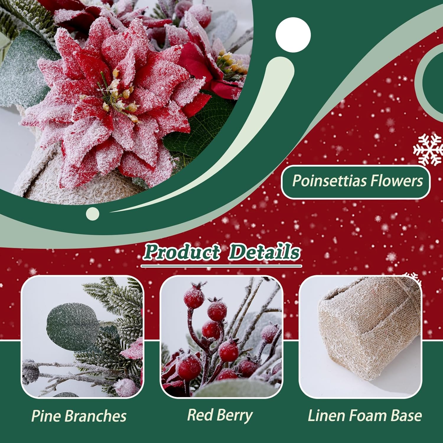 Artificial Poinsettias Christmas Flowers with Red Berry Pine Cone Branches Linen Base,12” Faux Poinsettias Plants for Home Office Table Fireplace Winter Indoor Christmas Decorations Red