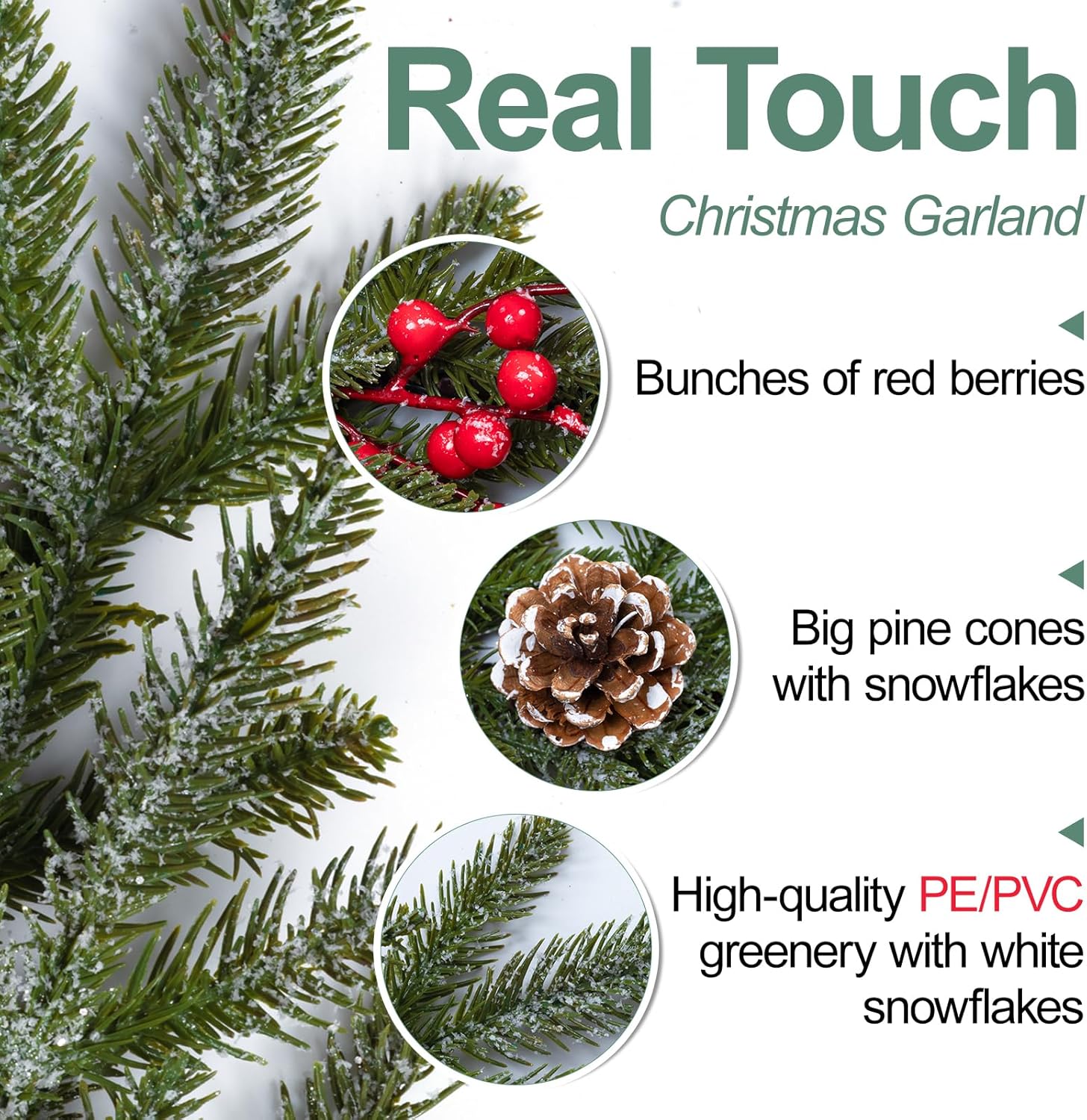 6.5FT Christmas Garland with Lights,Prelit Christmas Decorations,Lighted Garland with Battery Operated,Denser Realistic Pine Needles Greenery Home Decor for Mantle Fireplace Table Indoor Outdoor