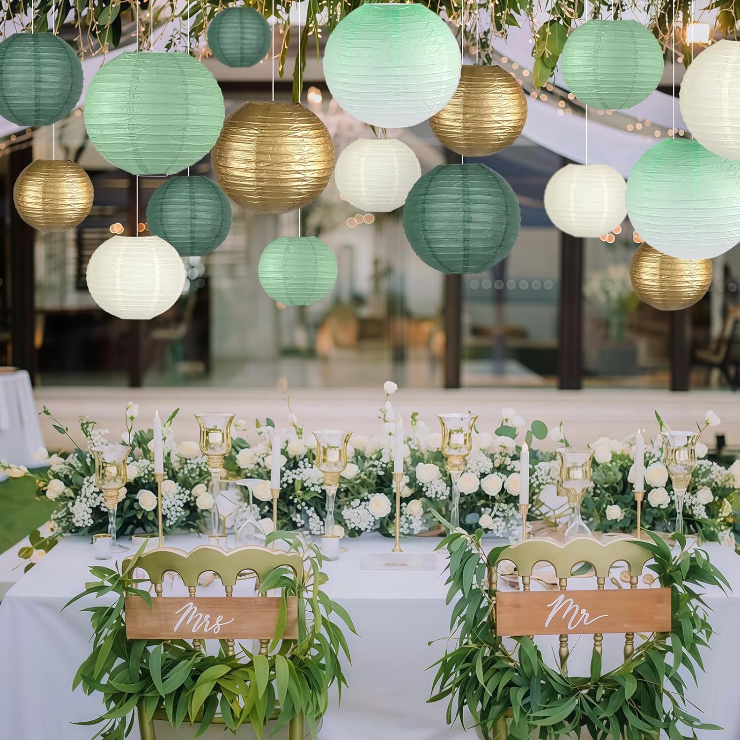 Paper Lanterns Decorative, Gradient Sage Green Round Hanging Paper Lantern Decorations for Wedding Bridal Shower Graduation Anniversary Sage Green Birthday Party, 15Pcs