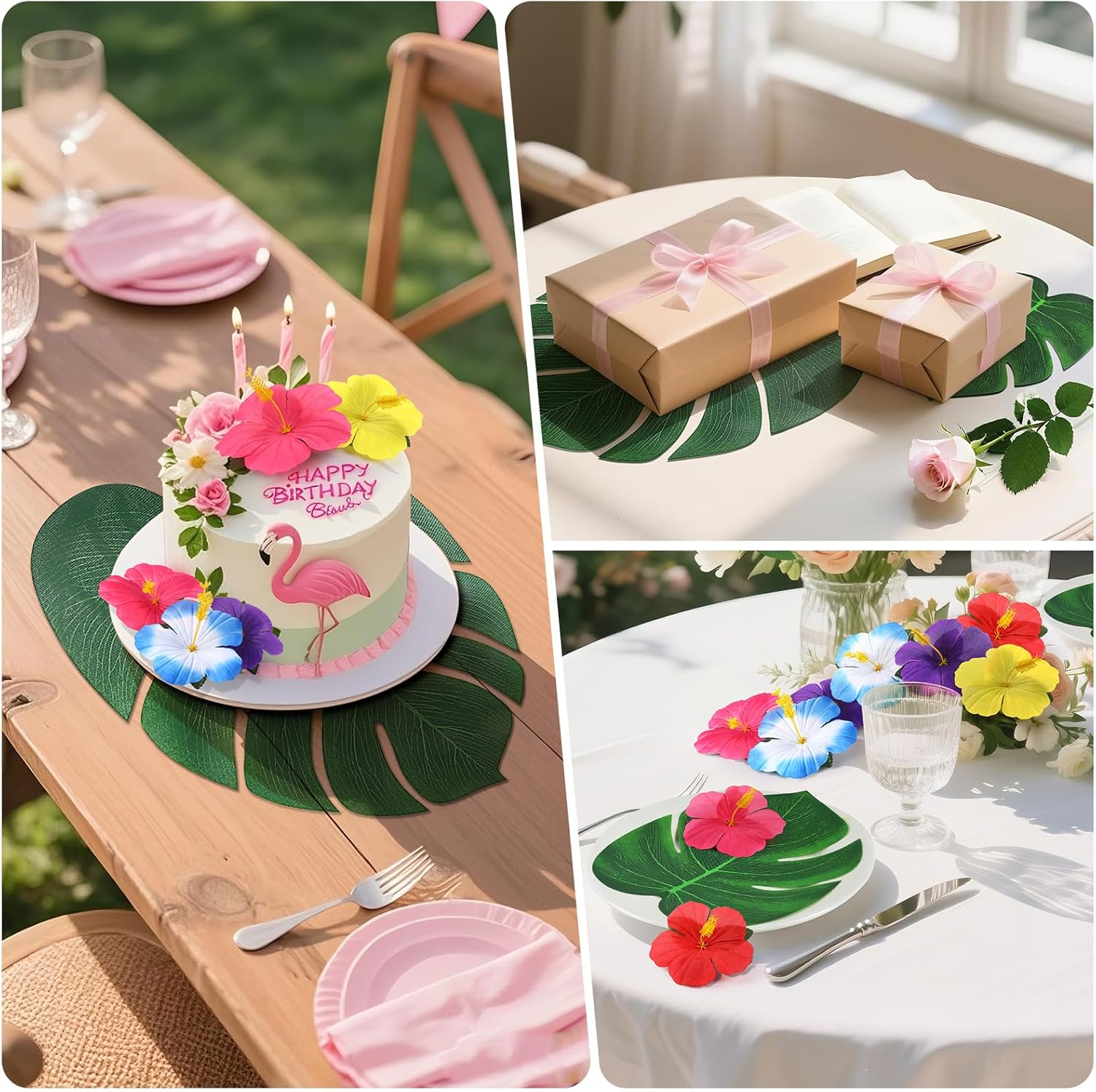 120Pcs Luau Party Decorations Fake Plants Palm Leaves Monstera Hibiscus Flowers Simulation Artificial Leaf for Hawaiian Luau Safari Parties Jungle Beach Wedding Birthday Theme Party Table Decorations