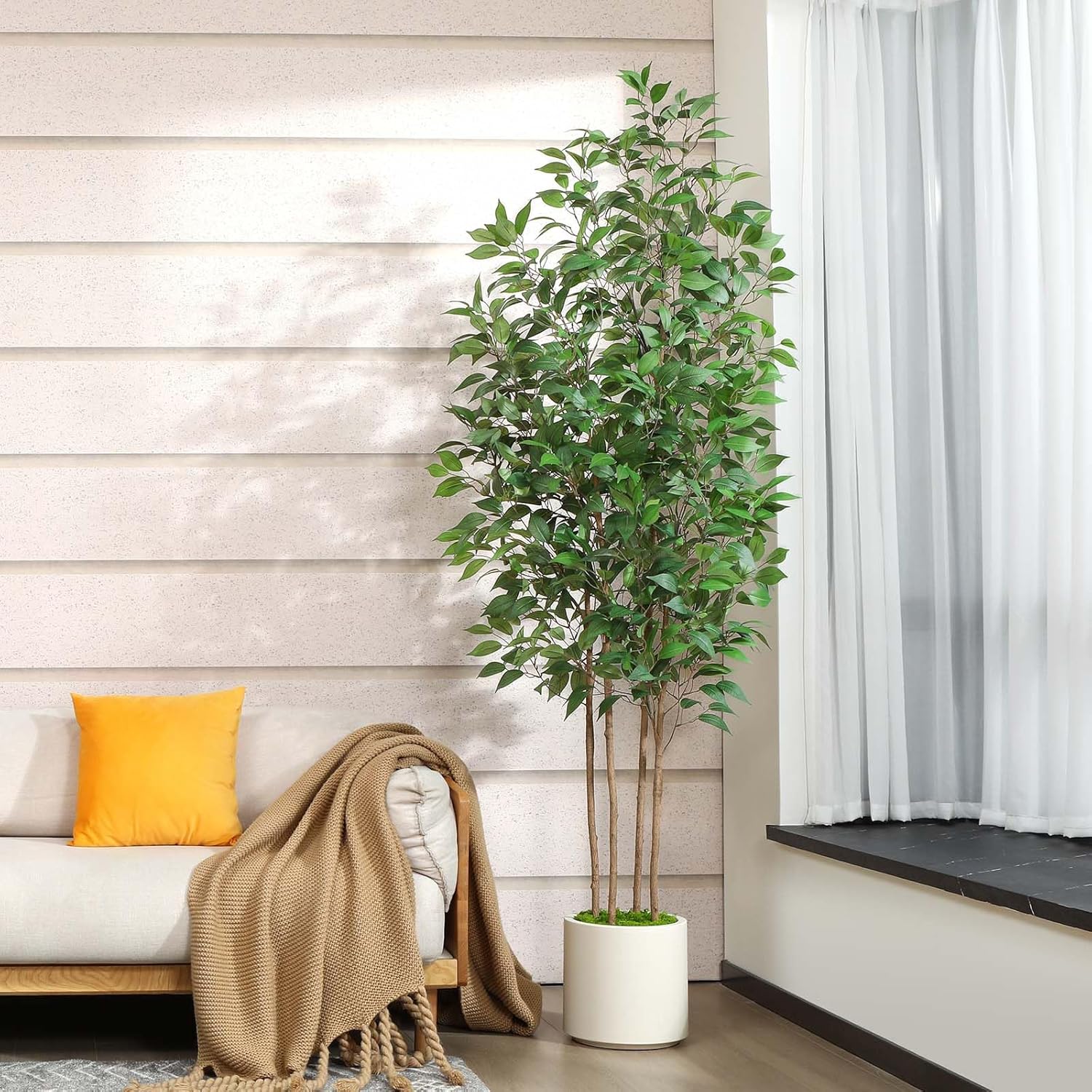 Ficus Artificial Tree 7ft Fake Silk Plant for Home Decor Indoor, Faux Tree in White Imitation Ceramic Planter Fake Floor Plant for Living Room and Home Office Corner Indoor Decor, Set of 1