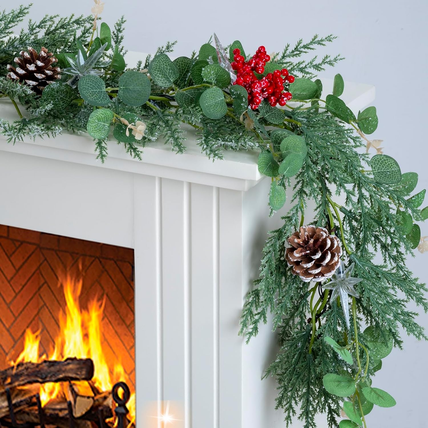 6.5FT Christmas Garland with Star Lights,Prelit Christmas Decorations,Lighted Garland with Battery Operated,Denser Realistic Eucalyptus Greenery Home Decor for Mantle Fireplace Table Indoor Outdoor