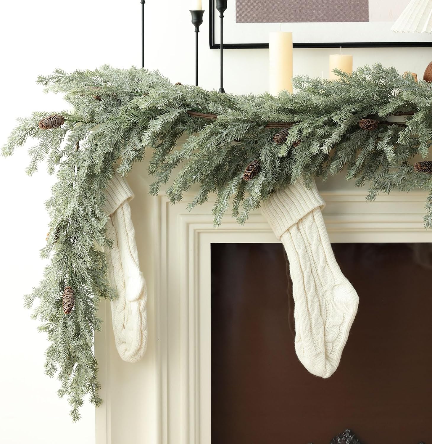 MIZII Christmas Garlands 6 Feet Artificial Pine Garland with Pinecone Real Touch Pines Vine Greenery Garland Christmas Decorations for Xmas Fireplace Mantle Home Decor Indoor Outdoor (White Pine)