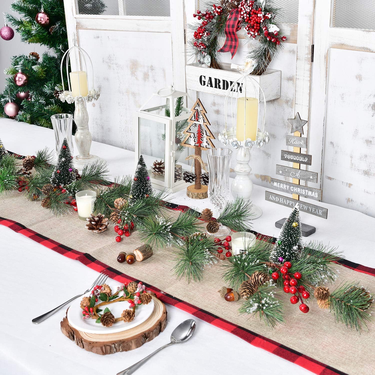 6 feet Christmas Pine Garland with Needles Berries Frosted Pinecones Winter Artificial Greenery Garland for Holiday Season Mantel Fireplace Table Runner Centerpiece Decoration