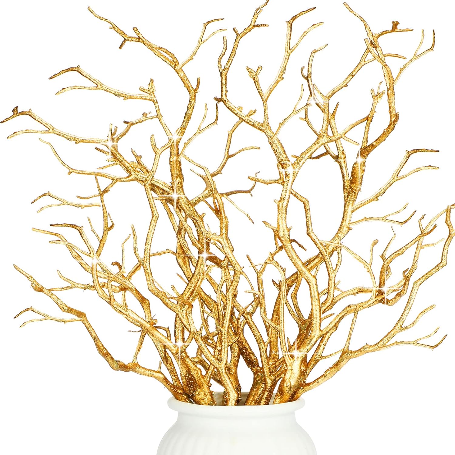 Geosar 13.8 Inch Small Manzanita Branches Plastic Faux Branches Artificial Antler Shaped Tree Branch Decorative Plant Twigs for Home Wedding Table Centerpiece Festival Decors(Glitter Gold,10 Pieces)