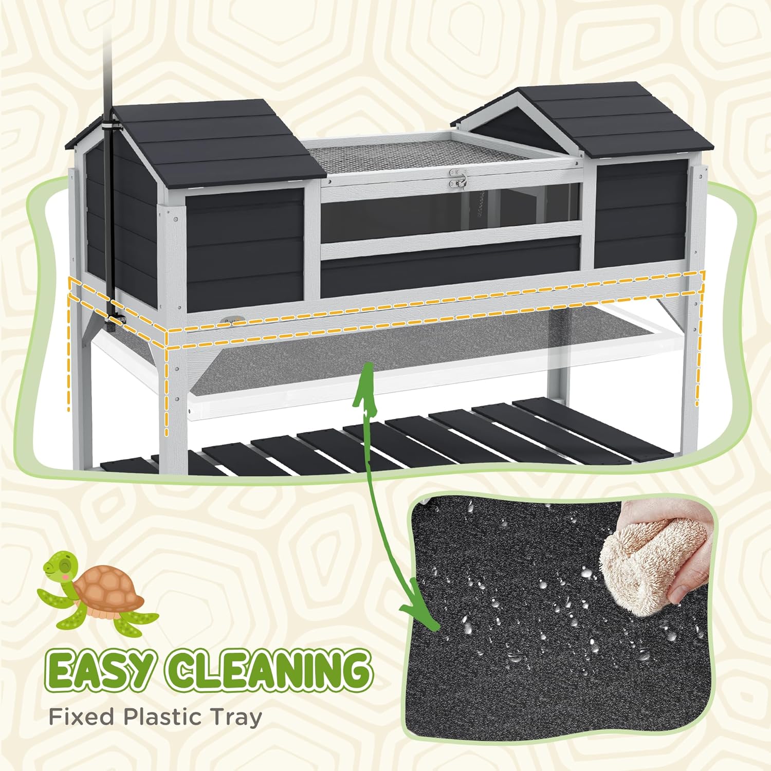 PawHut Tortoise Habitat with Adjustable Lamp Holder, Wooden Tortoise Enclosure with Storage Shelf, Dual Main Houses, Attached Tray, Openable Lid, Gray