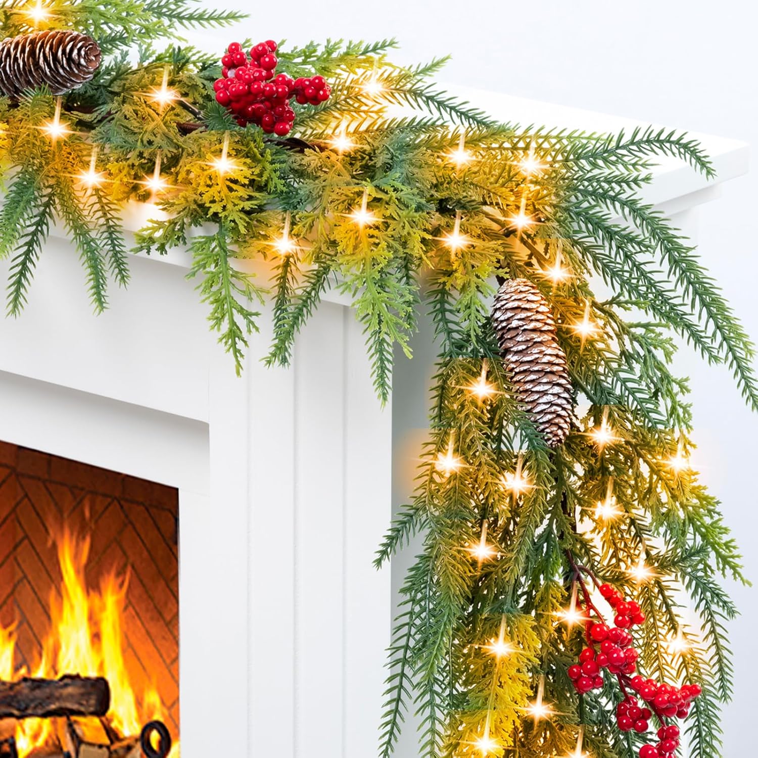 6.5FT Christmas Garland with Lights,Prelit Christmas Decorations,Lighted Garland with Battery Operated,Denser Realistic Norfolk Pine & Cypress Greenery Home Decor for Mantle Fireplace Table