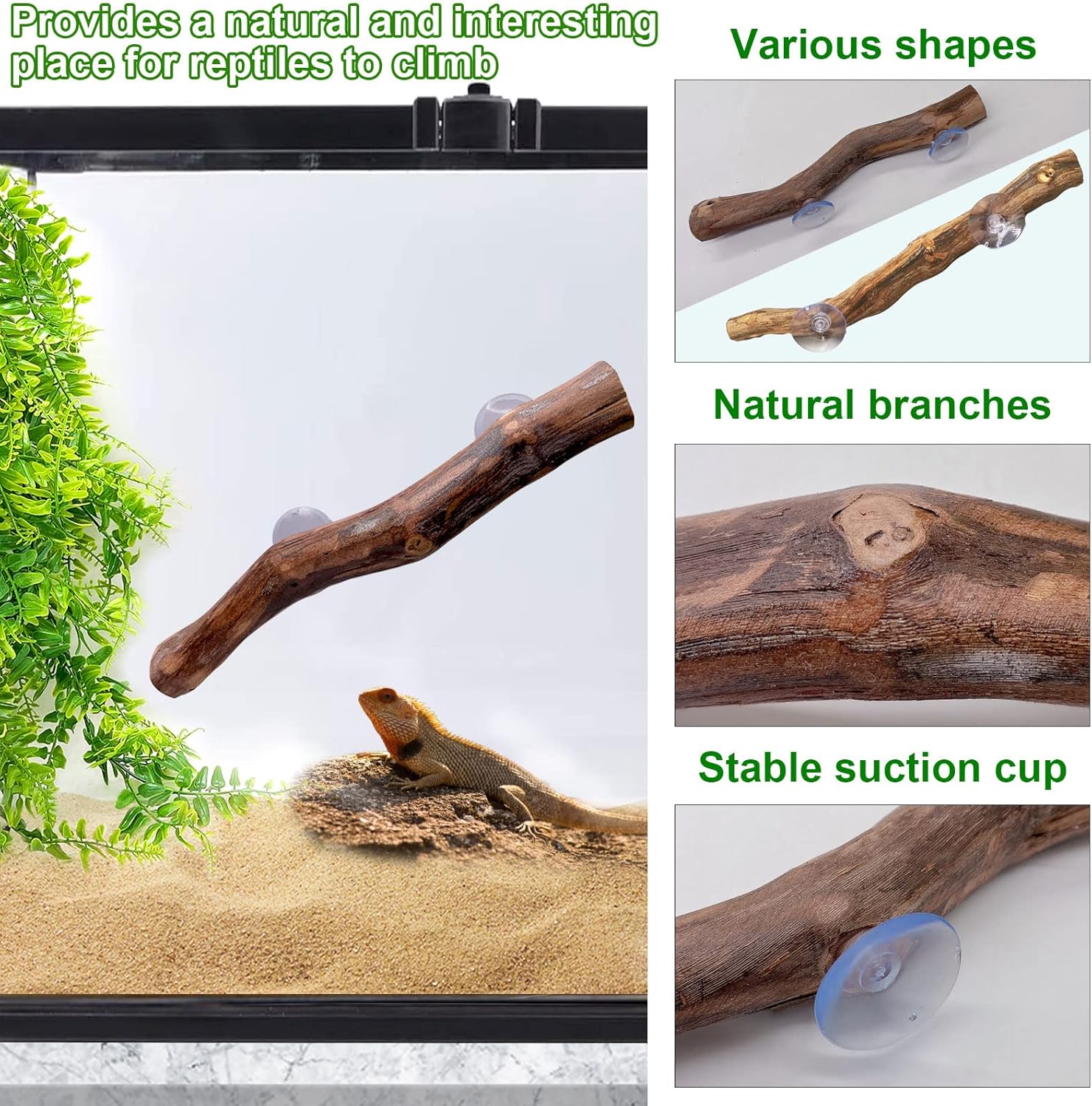 kathson Reptile Corner Branch Climbing Wood & Hanging Fake Plants,1 Reptile Branches & 2 Terrarium Plastic Plant, Bearded Dragons Tank Decor for Amphibians, Lizards, Geckos, Snakes, Frogs, Hermit Crab