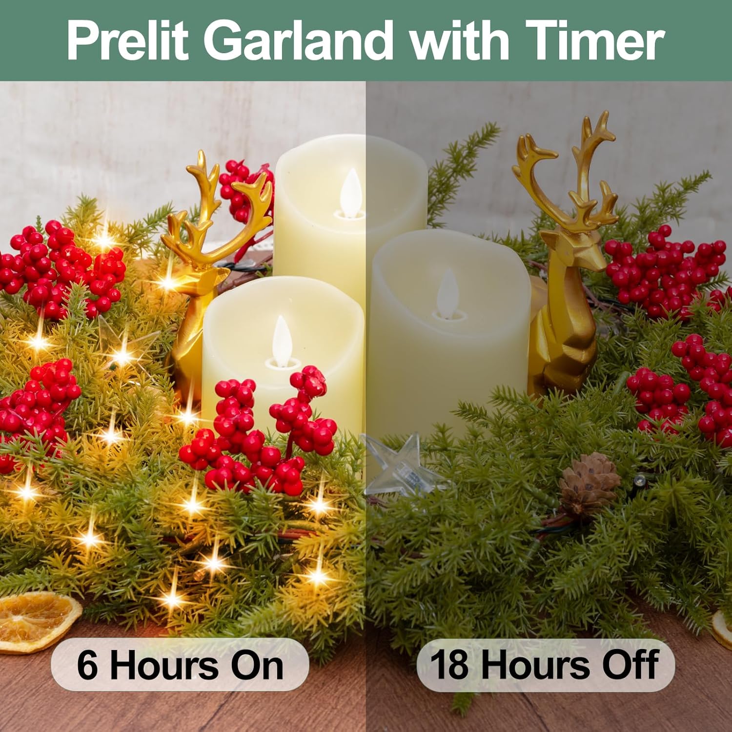 6.5FT Christmas Garland with Star Lights,Prelit Christmas Decorations,Lighted Garland with Battery Operated, Realistic Small Thorny Pine Greenery Home Decor for Mantle Fireplace Table Indoor Outdoor