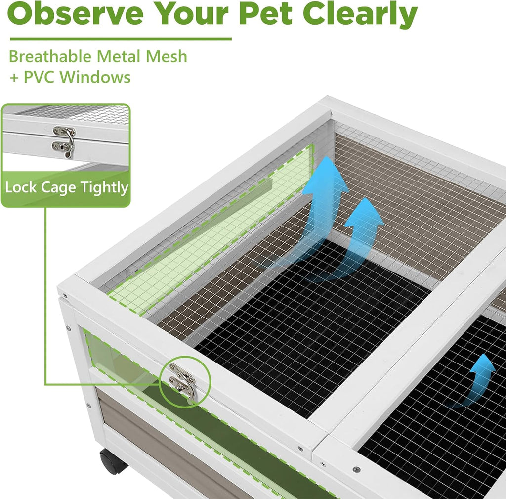 Tortoise Habitat with Lamp Holder in Indoor & Outdoor, Wooden Turtle Enclosure Table with 4 360° Lockable Wheels, Leakproof Tray, Openable Roof for Tortle, Lizard, 78" L x 23" W x 14" H