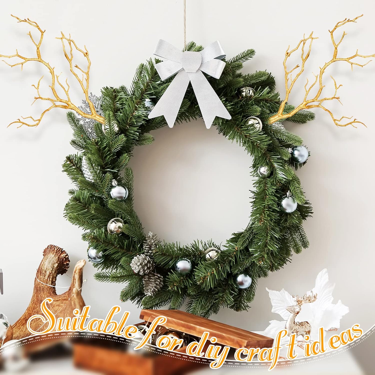 Geosar 13.8 Inch Small Manzanita Branches Plastic Faux Branches Artificial Antler Shaped Tree Branch Decorative Plant Twigs for Home Wedding Table Centerpiece Festival Decors(Glitter Gold,10 Pieces)