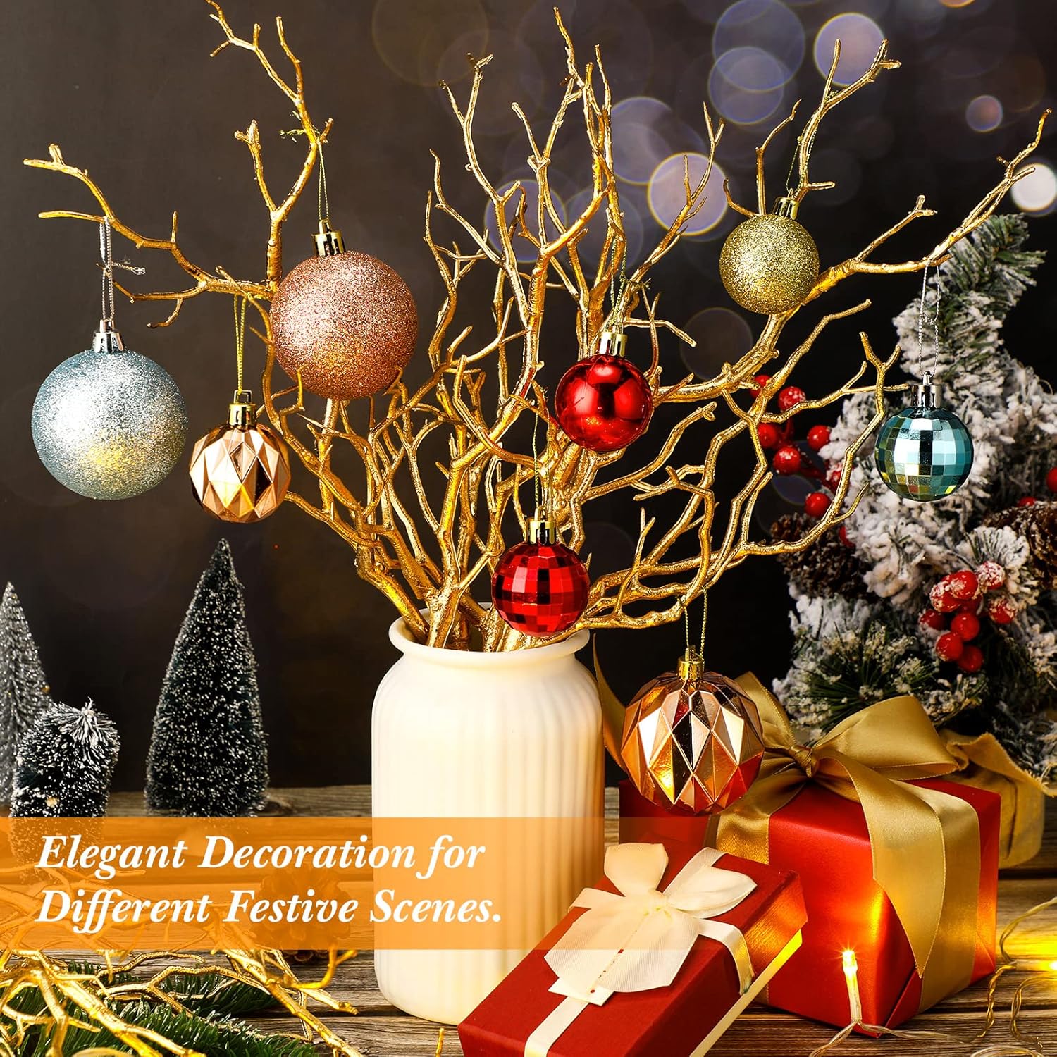 Geosar 13.8 Inch Small Manzanita Branches Plastic Faux Branches Artificial Antler Shaped Tree Branch Decorative Plant Twigs for Home Wedding Table Centerpiece Festival Decors(Gold,10 Pieces)