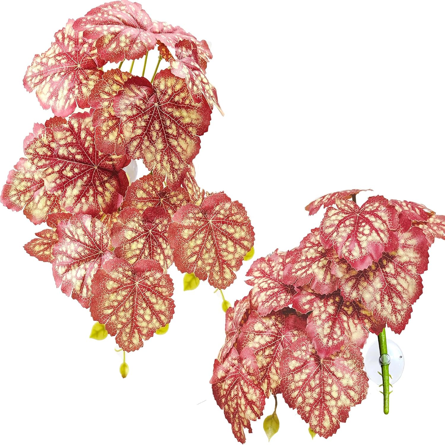 Woyrise Reptile Plants, Terrarium Hanging Plants Vines for Reptile Tank, Amphibian Habitat Leaves Decor with Suction Cup for Bearded Dragon Lizard Snake Gecko Frog Hermit Crab - 2Pcs Pink Heuchera