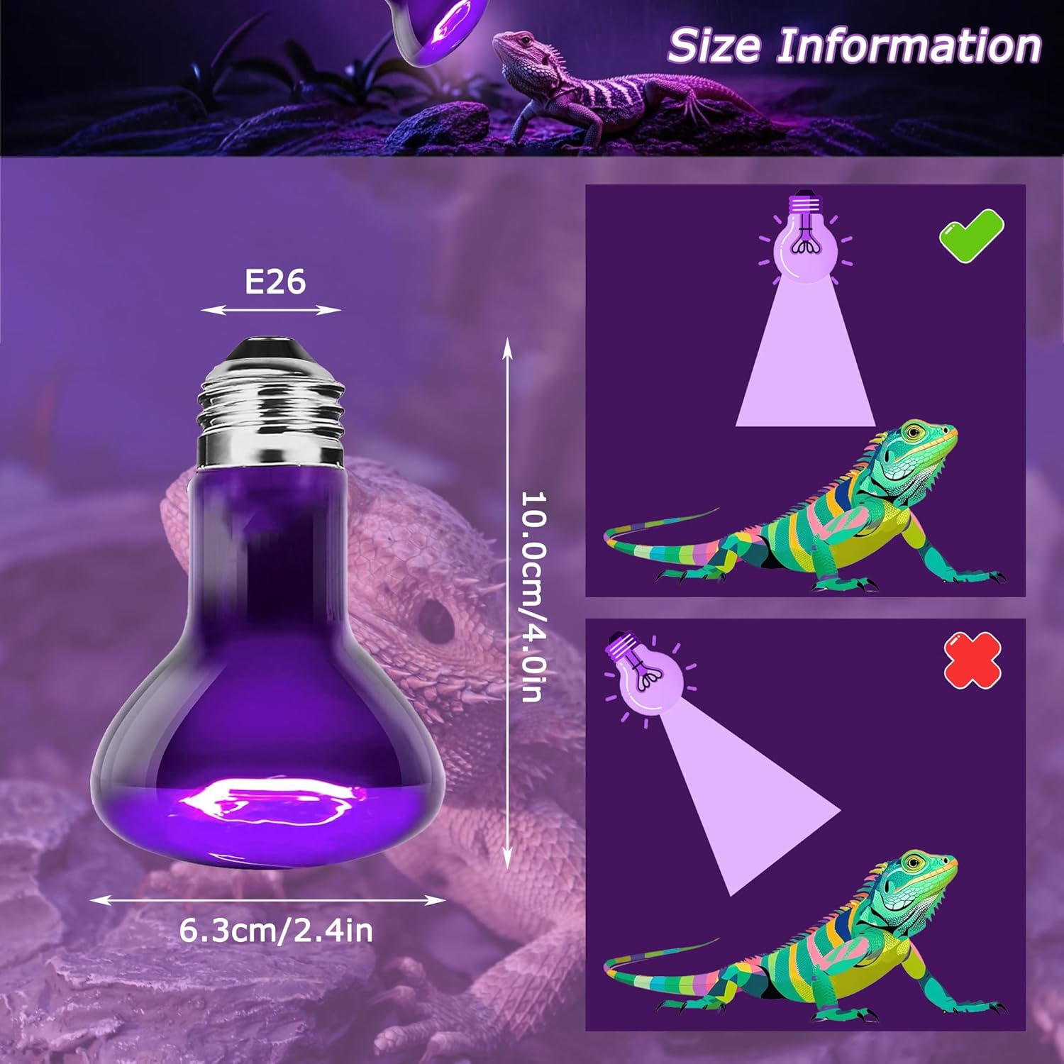 Reptile Moonlight Bulb 60W – Soft Purple Night Light for Nocturnal Viewing, Sleep-Friendly, 2000H Life, E26 Base