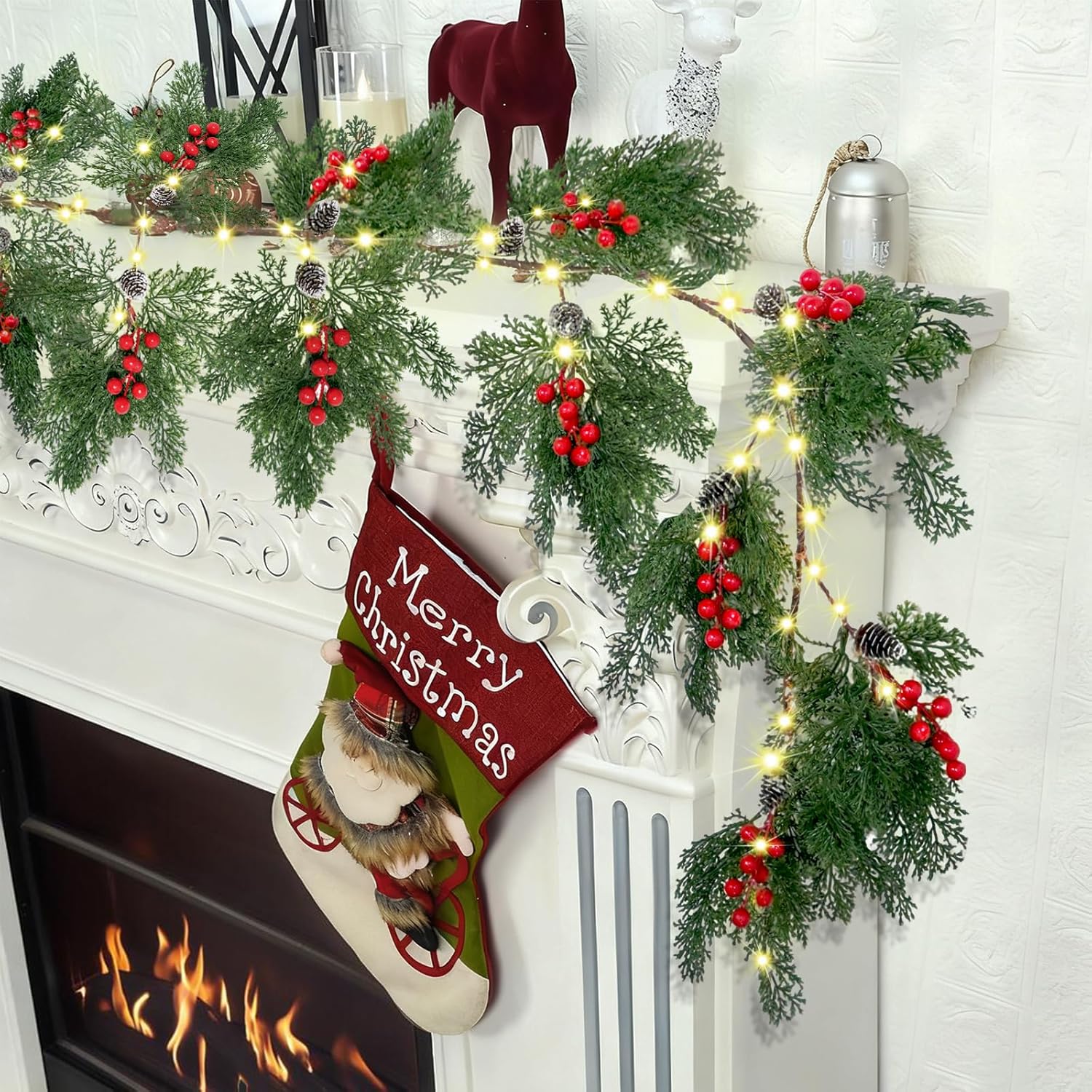 2025 New 6.56FT Christmas Garland Lights with 96 LED 8 Flash Modes Battery Operated Cypress Garland with Timer Lighted Xmas Pine Garland Christmas Decor for Mantle Fireplace Table Stairs Holiday