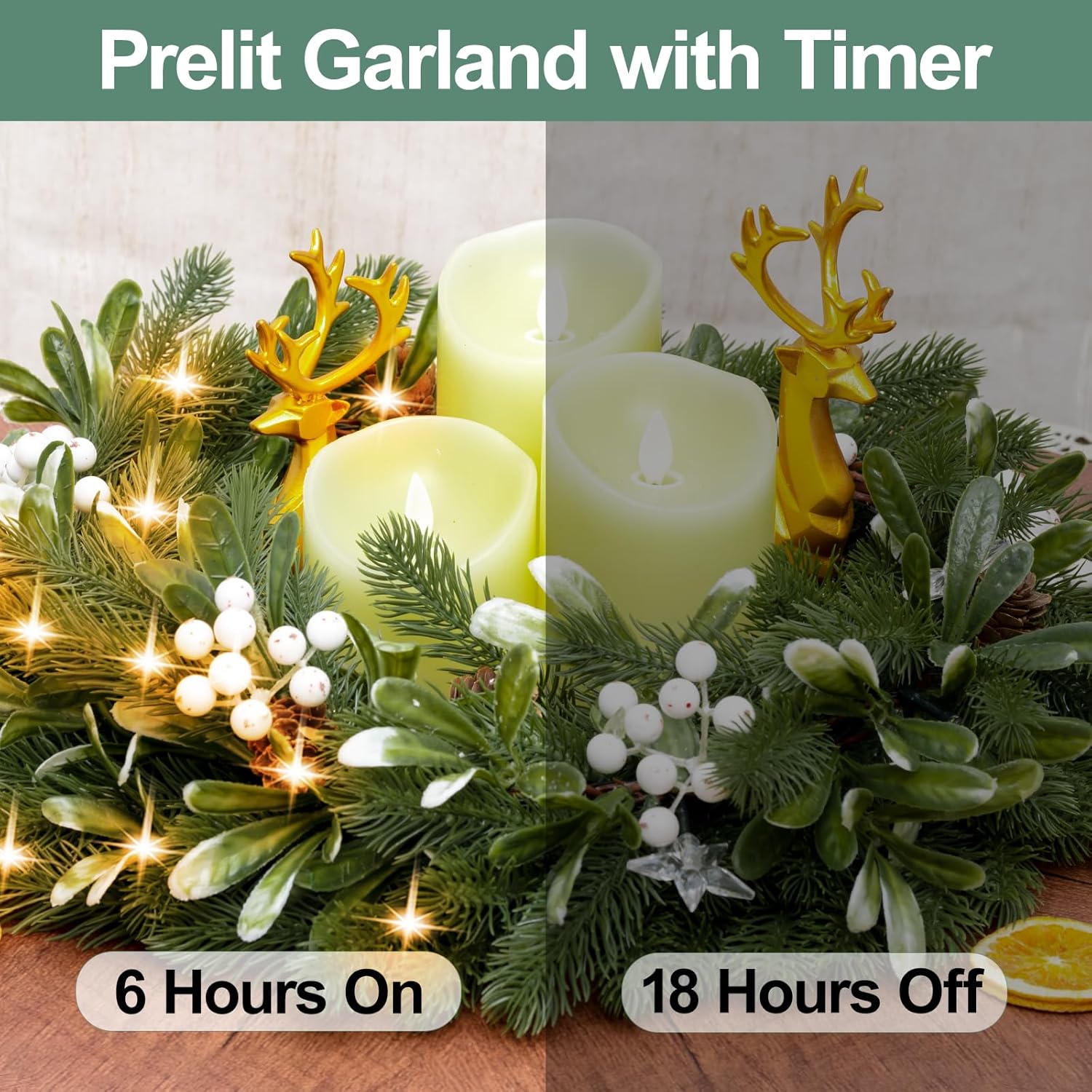 6.5FT Christmas Garland with Star Lights,Prelit Christmas Decorations,Lighted Garland with Battery Operated,Realistic olive & pine needles Greenery Home Decor for Mantle Fireplace Table Indoor Outdoor