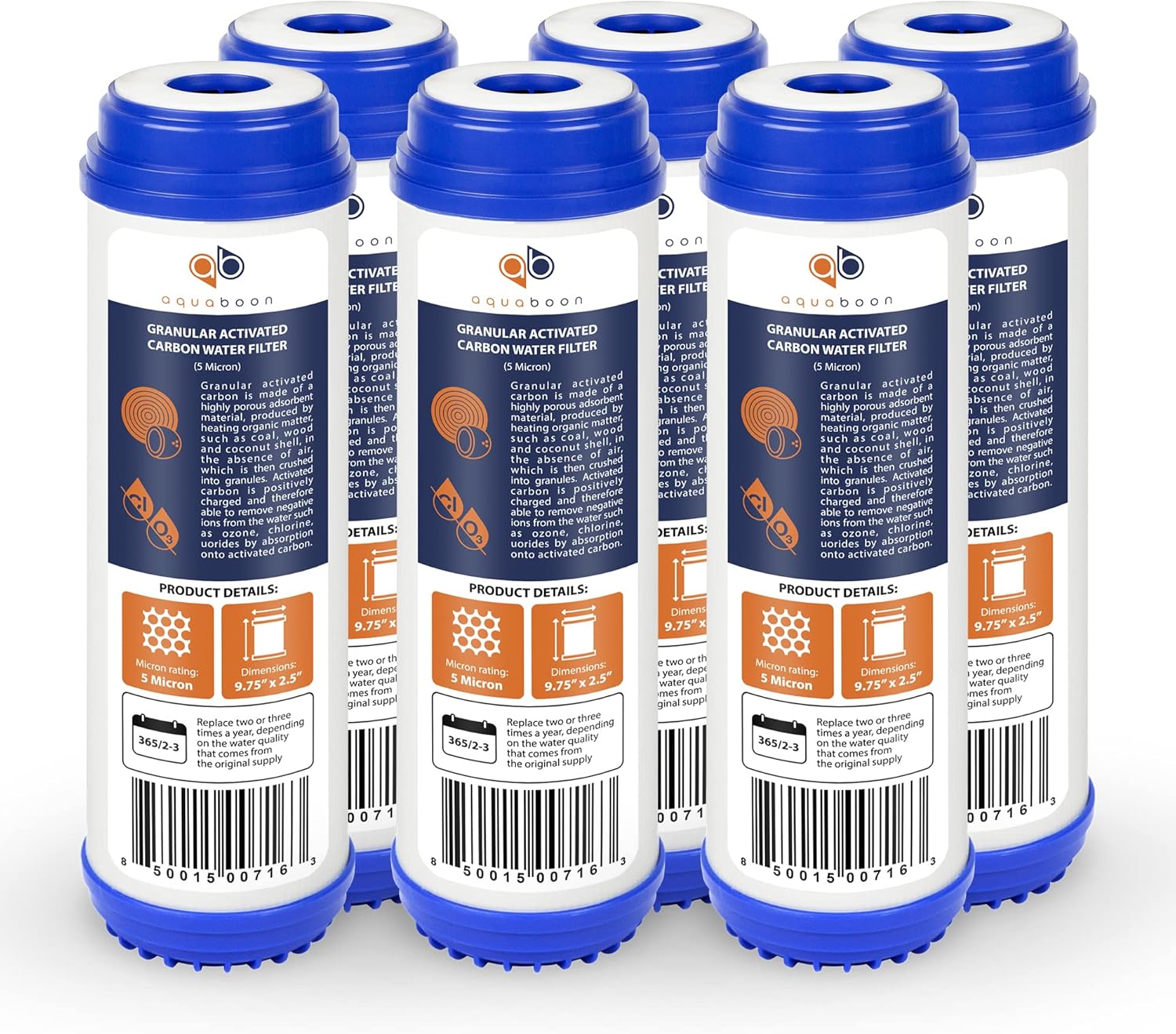 Aquaboon 5 Micron 10 x 2.5 Granular Activated Carbon Water Filter Cartridge GAC Water Filter Replacement Compatible with AP117, GAC-10, GAC1, 6 Pack