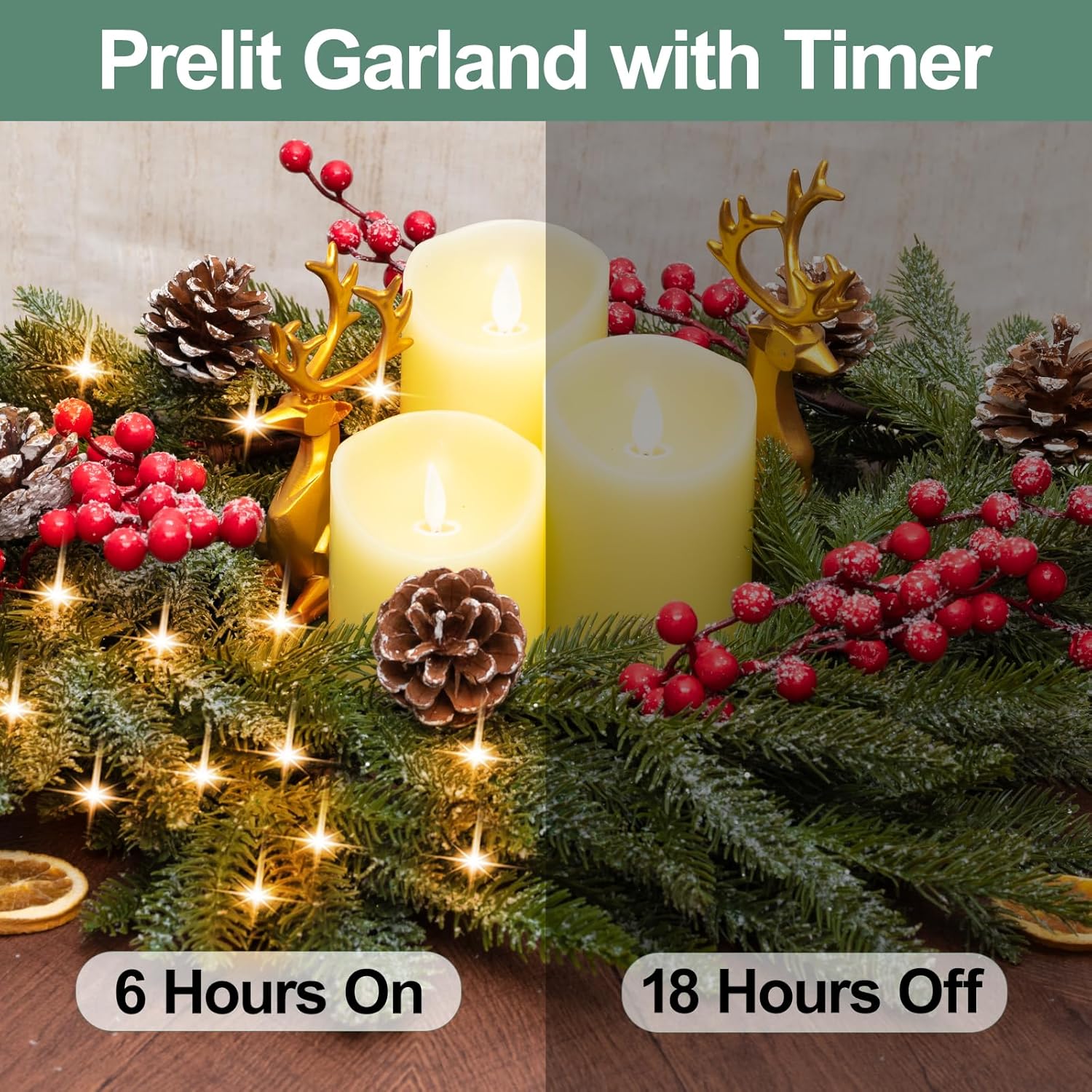 6.5FT Christmas Garland with Lights,Prelit Christmas Decorations,Lighted Garland with Battery Operated,Denser Realistic Pine Needles Greenery Home Decor for Mantle Fireplace Table Indoor Outdoor