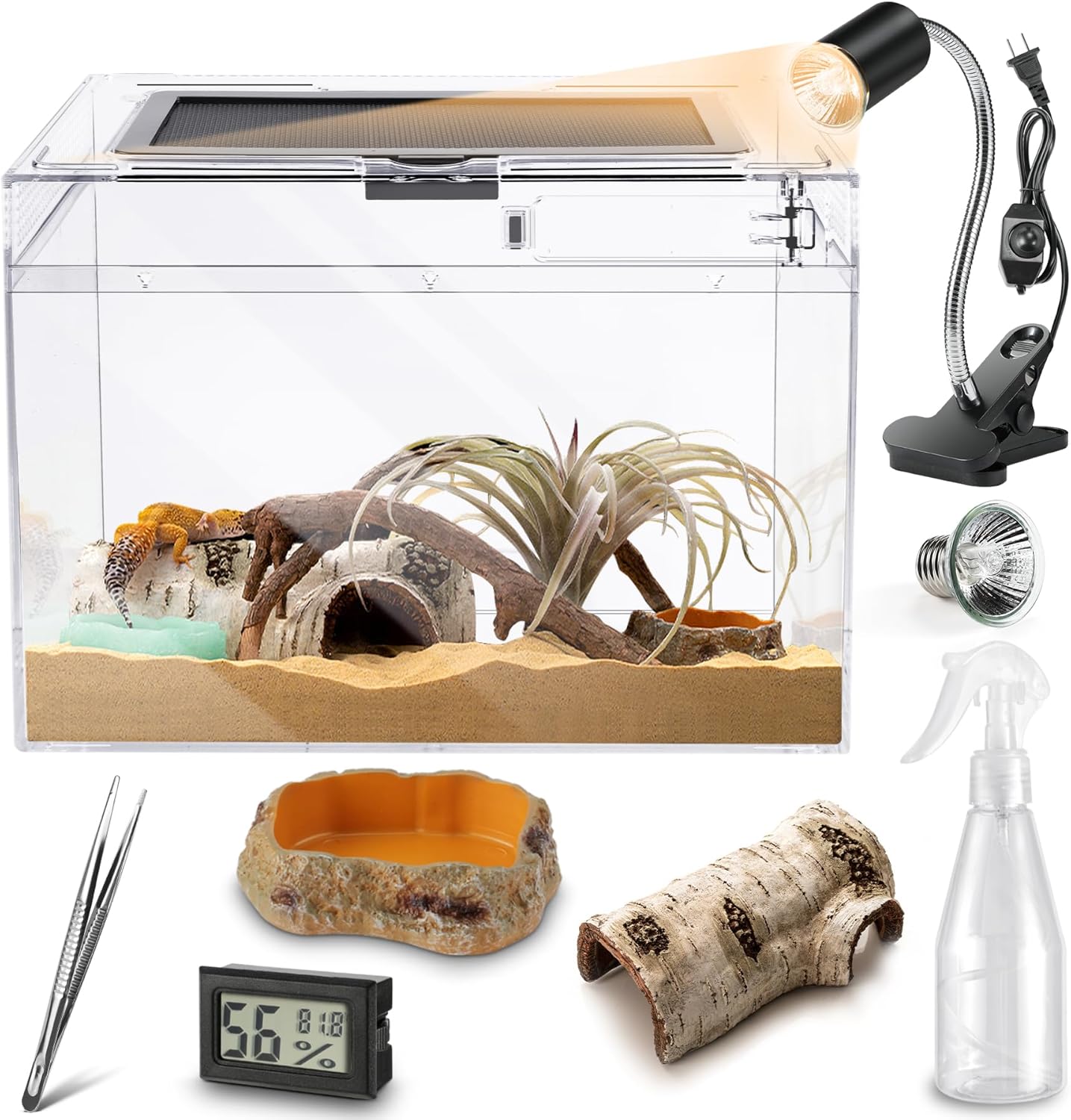 HELIME Reptile Polycarbonate Terrarium Kit 7 Piece Starter Habitat for Tarantula,Lizards,Frogs,Geckos,or Hermit Crabs,Tank with Escape-Proof Locking Lid,Light,Hygrometer,Hide,Tweezer,Bowl,Sprayer XL