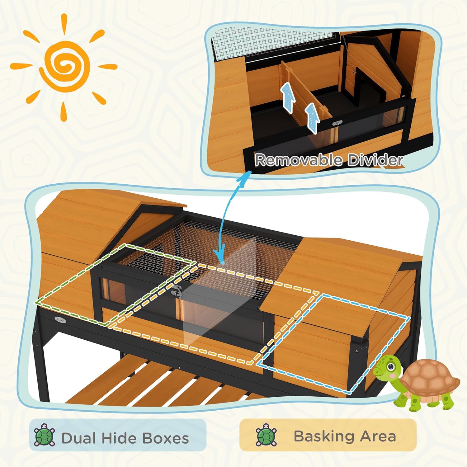 PawHut Tortoise Habitat with Adjustable Lamp Holder, Wooden Tortoise Enclosure with Storage Shelf, Dual Main Houses, Attached Tray, Openable Lid, Yellow