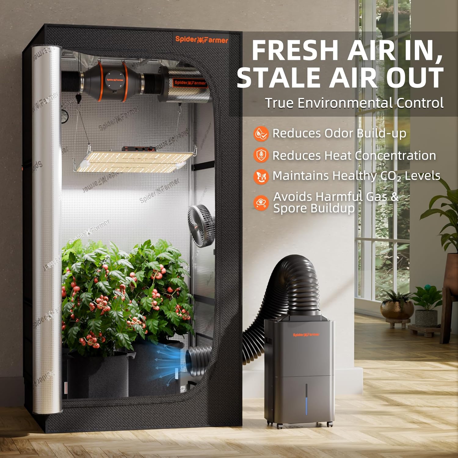 Spider Farmer Upgraded Dehumidifier with Drain Hose 2000 Sq.Ft.Dehumidifier with Smart Humidity Control Display, Air Duct, 24-Hour Timer, Provides Powerful Dehumidification for Grow Tent and Home