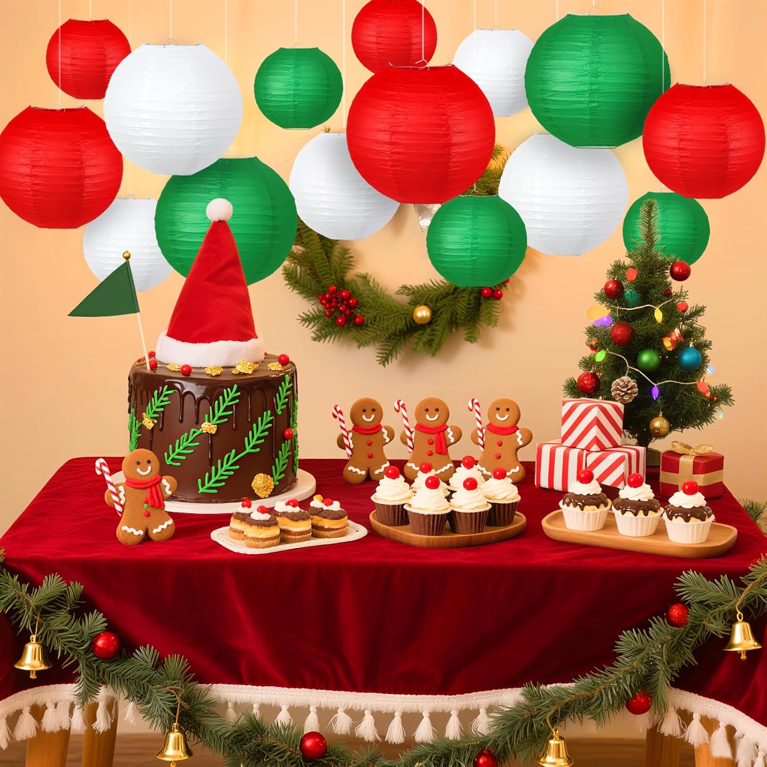 Christmas Party Decorations, Red White Green Hanging Paper for Xmas Party New Year's Eve Christmas Theme Birthday Italian Party Decor Yard Garden，15pcs