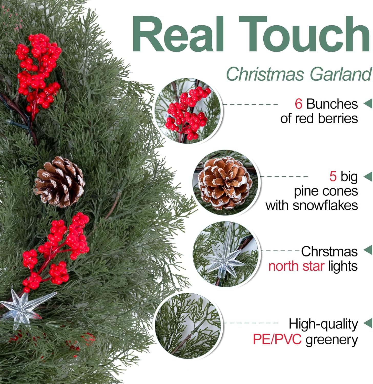 6.5FT Christmas Garland with Star Lights,Prelit Christmas Decorations,Lighted Garland with Battery Operated,Denser Realistic Cypress Xmas Greenery Home Decor for Mantle Fireplace Table Indoor Outdoor