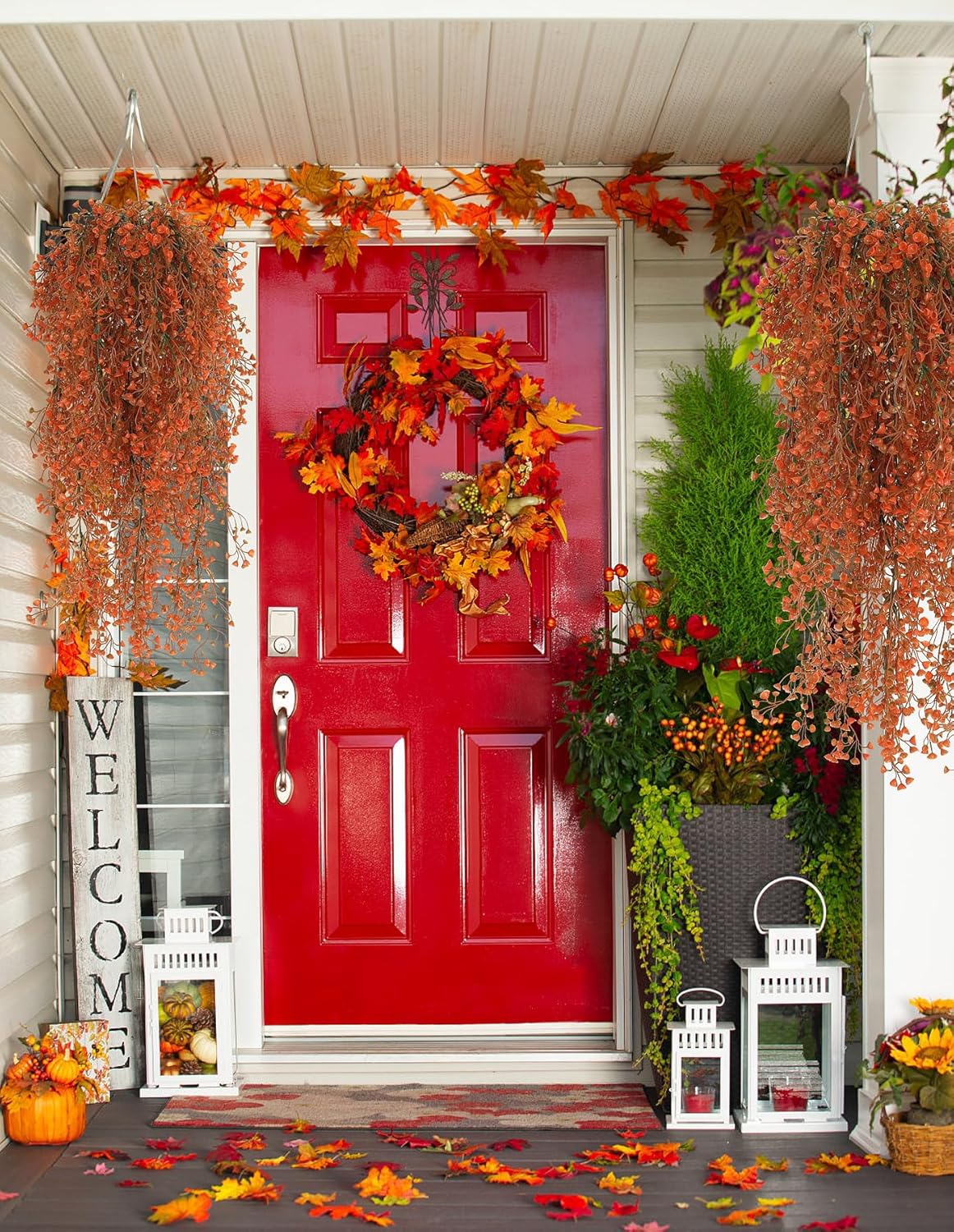 RECUTMS 4 Pcs Artificial Hanging Plants Fall Decor Faux Hanging Plants Artificial Plants UV Resistant Fake for Indoor Outdoors Fake Plants for Patio Garden Party Wedding Decor (Green Orange)