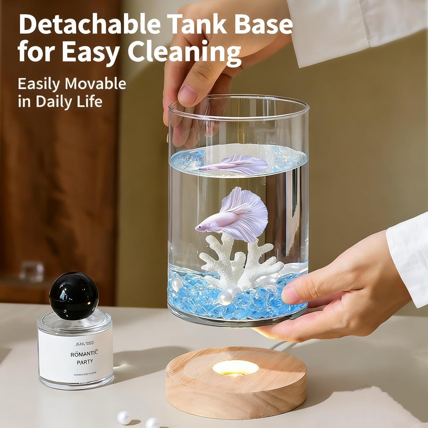 Small Betta Fish Tank with Warm Light & Decor, 0.4 Gallon Clear Glass Aquarium/Vase/Hydroponic Plant Terrarium, Complete Starter Kit for Desk, Ideal Gift for Kids