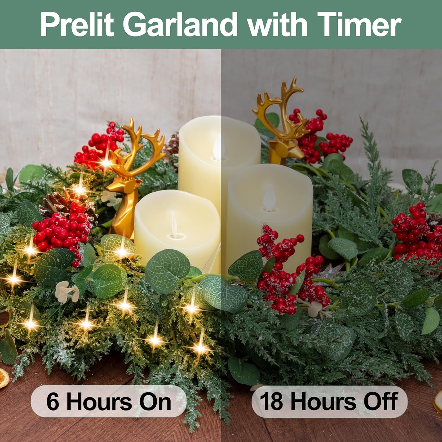 6.5FT Christmas Garland with Star Lights,Prelit Christmas Decorations,Lighted Garland with Battery Operated,Denser Realistic Eucalyptus Greenery Home Decor for Mantle Fireplace Table Indoor Outdoor