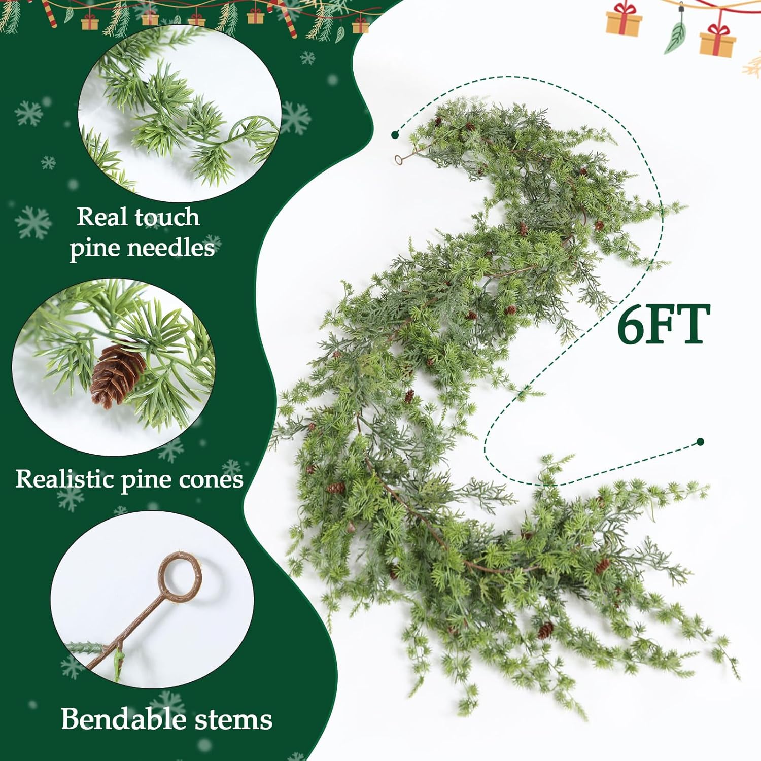 MIZII Christmas Garlands 6 Feet Artificial Pine Garland with Pinecone Green Plant Pines Vine Greenery Garland Christmas Decorations for Xmas Fireplace Mantle Home Decor Indoor Outdoor (Hanging Pine)
