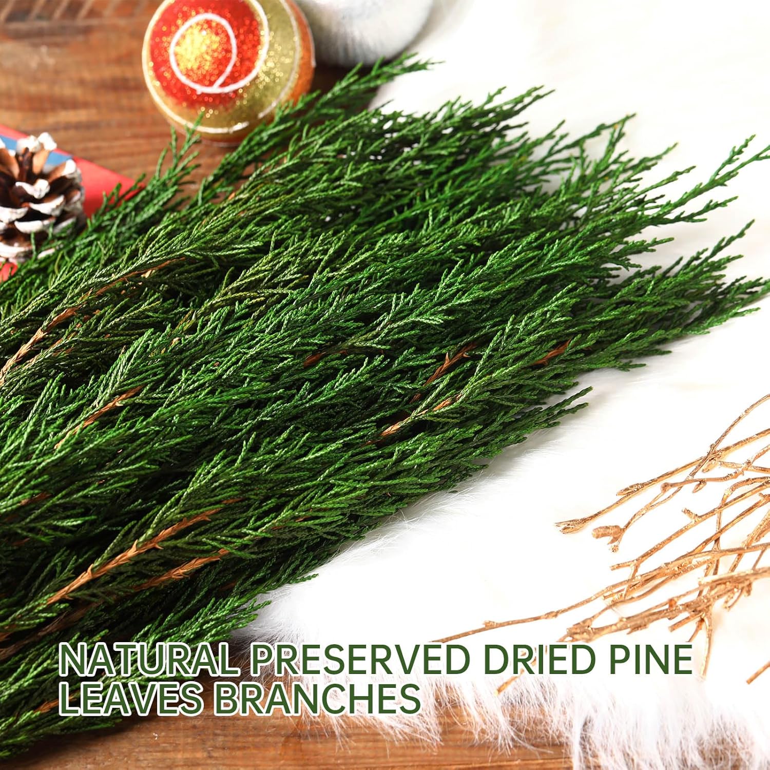 Preserved Real Pine Leaves Branches, 17'' Natural Pine Needles Green Plants, 3.5OZ Greenery Twigs Stems, Evergreen Picks for Christmas Garland Wreath Home Wedding Decor Floral Arrangements