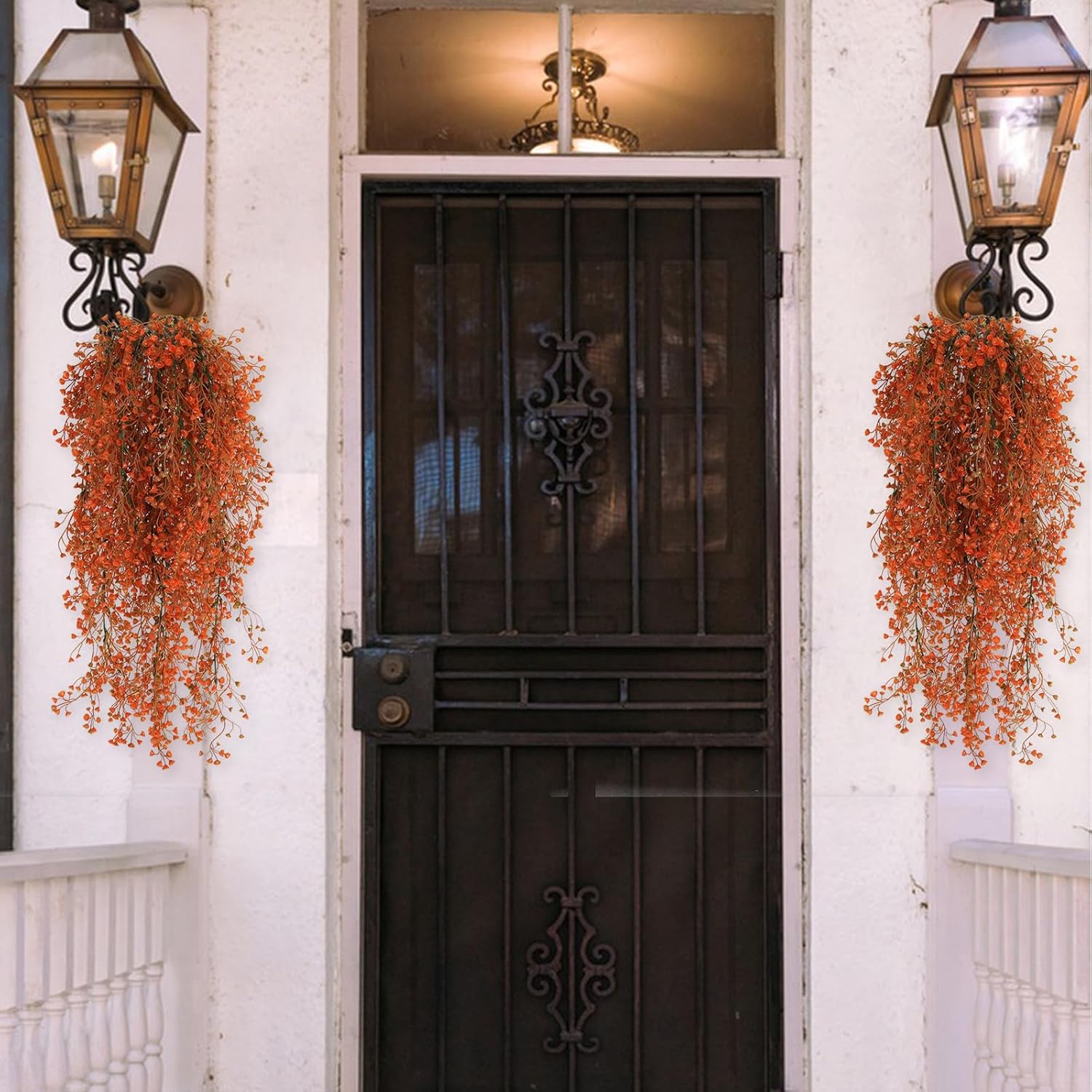 RECUTMS 4 Pcs Artificial Hanging Plants Fall Decor Faux Hanging Plants Artificial Plants UV Resistant Fake for Indoor Outdoors Fake Plants for Patio Garden Party Wedding Decor (Green Orange)