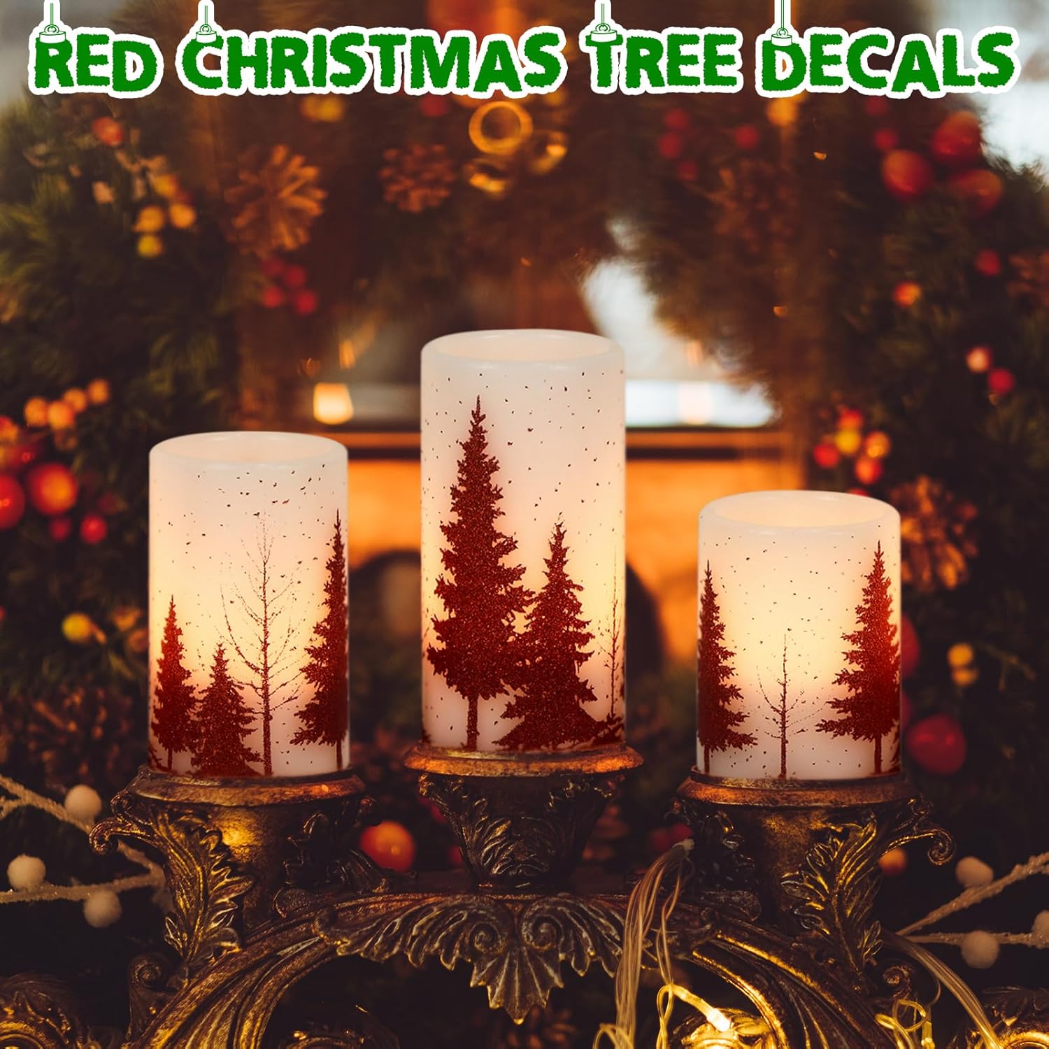 GenSwin Christmas Flameless Candles with Timer, Red Christmas Tree LED Flickering Candles Real Wax, 3 Pack Pillar Fake Candle for Winter Indoor Fireplace Christmas Decor Table(D3” x H4”5”6”)