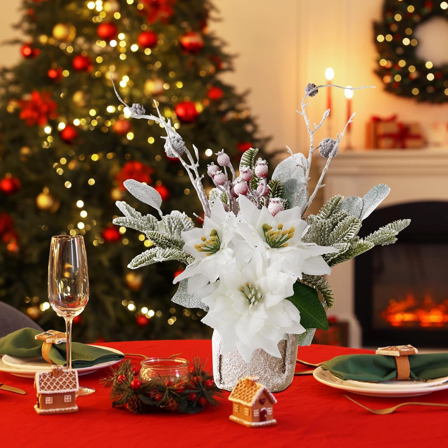 Artificial Poinsettias Christmas Flowers with Red Berry Pine Cone Branches Linen Base,12” Faux Poinsettias Plants for Home Office Table Fireplace Winter Indoor Christmas Decorations White