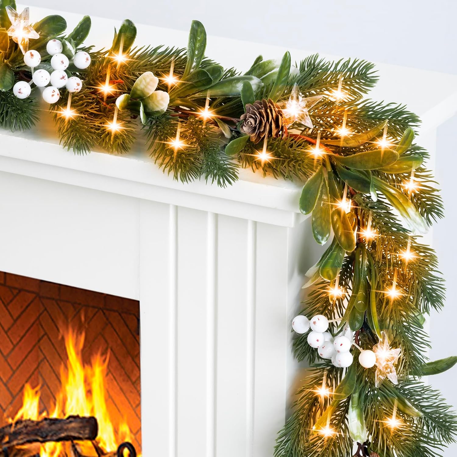 6.5FT Christmas Garland with Star Lights,Prelit Christmas Decorations,Lighted Garland with Battery Operated,Realistic olive & pine needles Greenery Home Decor for Mantle Fireplace Table Indoor Outdoor
