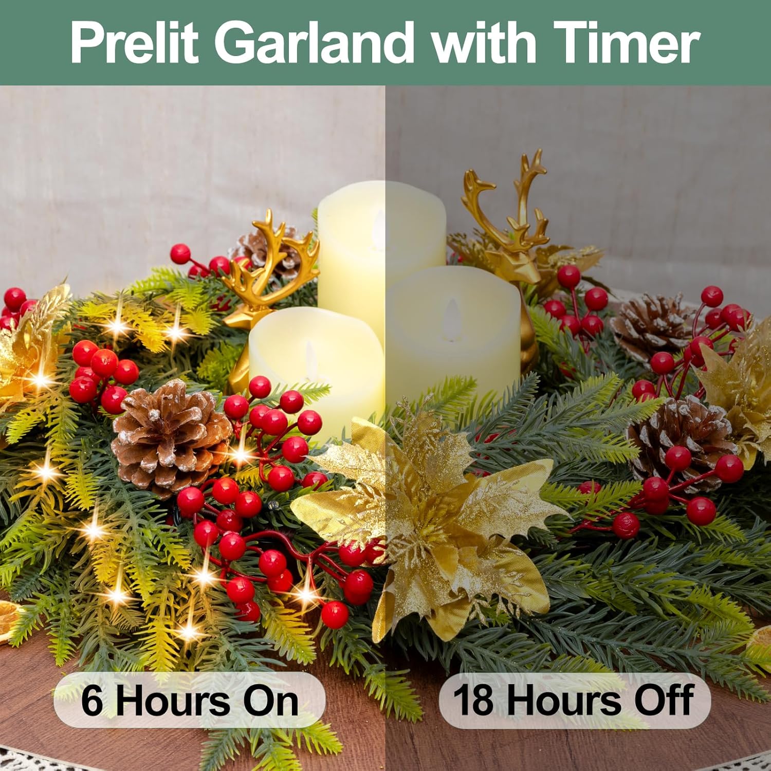 6.5FT Christmas Garland with Star Lights,Prelit Christmas Decorations,Lighted Garland with Battery Operated,Golden Flower Denser Realistic Gradient Xmas Greenery,Home Decor for Mantle Fireplace Table