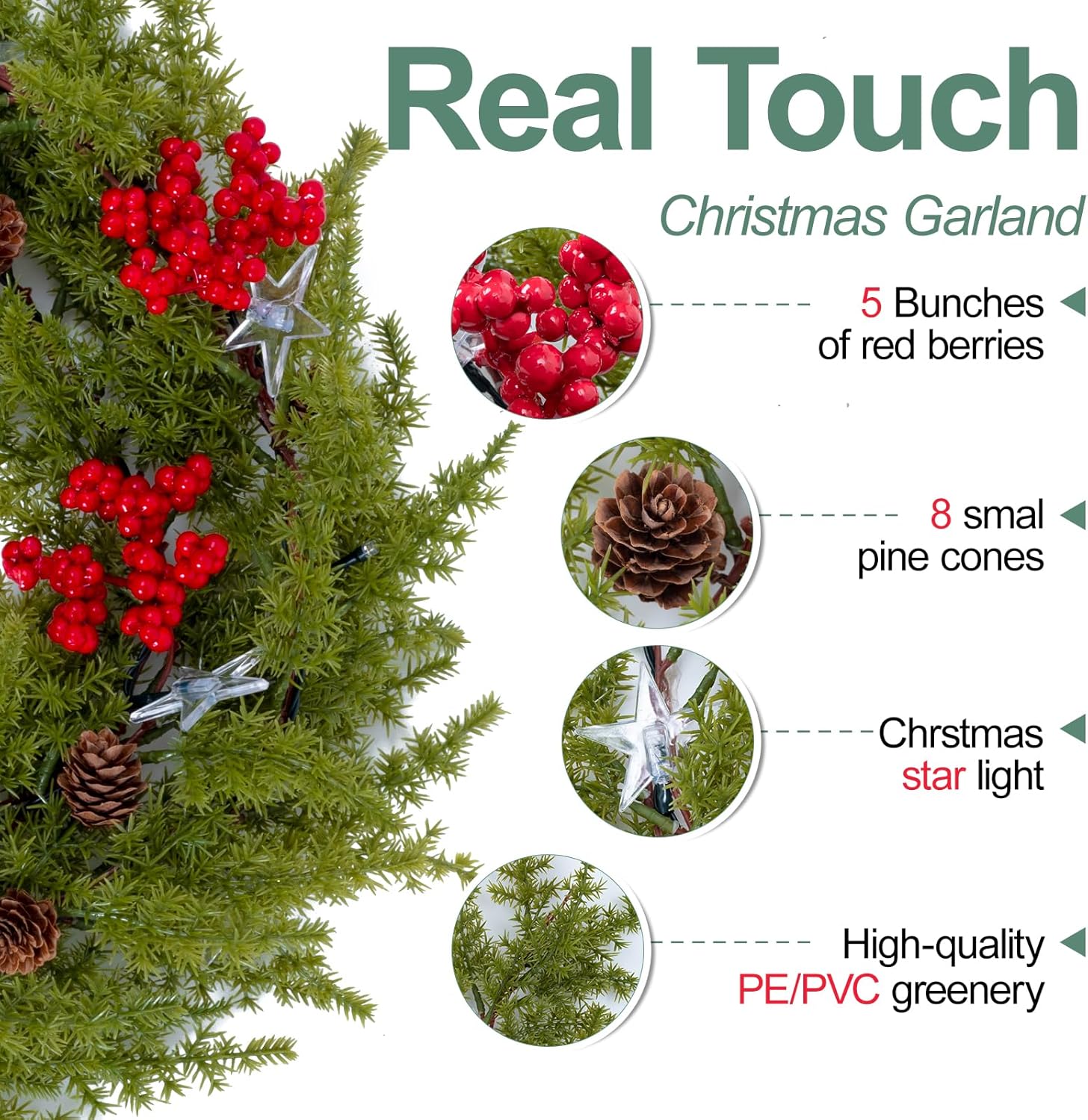 6.5FT Christmas Garland with Star Lights,Prelit Christmas Decorations,Lighted Garland with Battery Operated, Realistic Small Thorny Pine Greenery Home Decor for Mantle Fireplace Table Indoor Outdoor