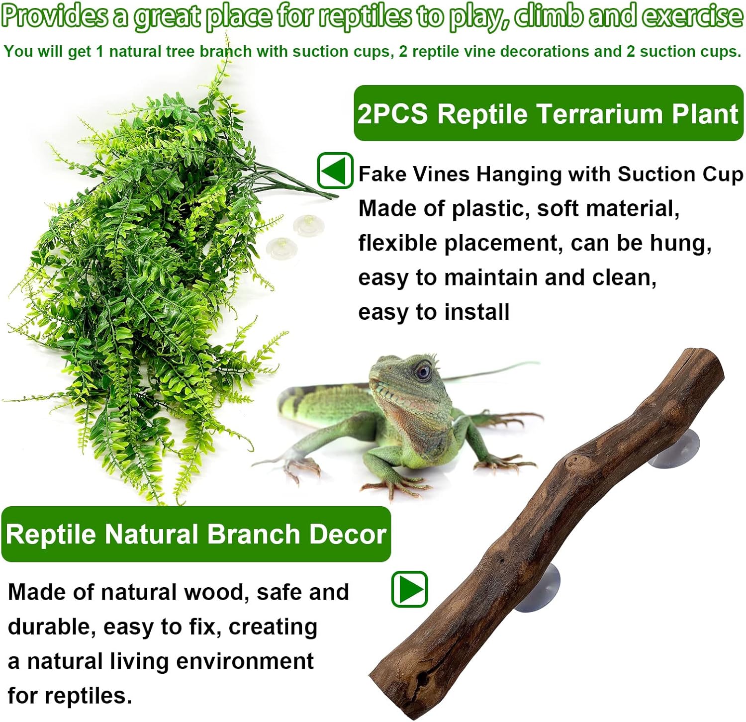 kathson Reptile Corner Branch Climbing Wood & Hanging Fake Plants,1 Reptile Branches & 2 Terrarium Plastic Plant, Bearded Dragons Tank Decor for Amphibians, Lizards, Geckos, Snakes, Frogs, Hermit Crab