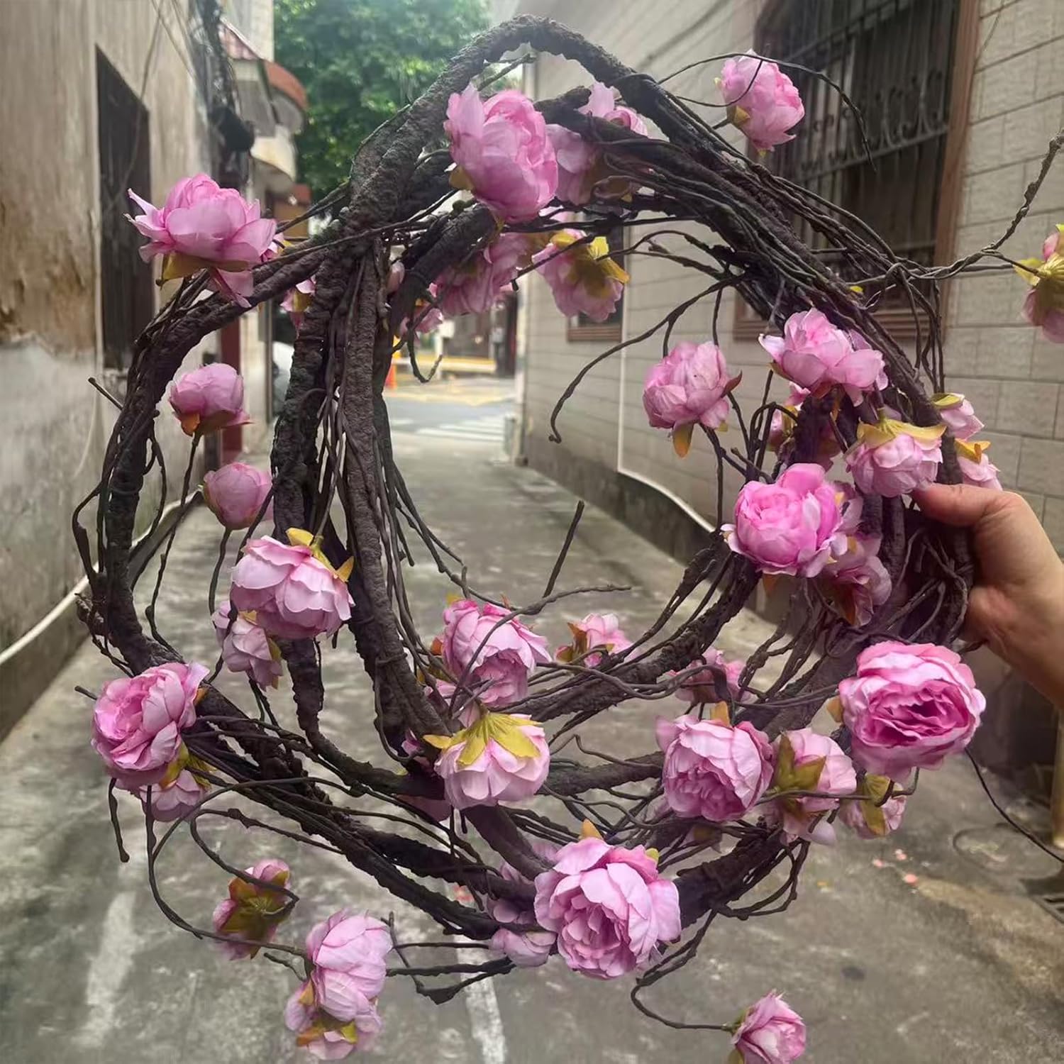 (2pcs) Flexible 118 inch Large Flexible Artificial Tree Fall Vines Twine Wood Branches with Peony Flowers Garland Twig Reptile Climbing Fake Plants for Wedding Arch Christmas Wall Door Hanging