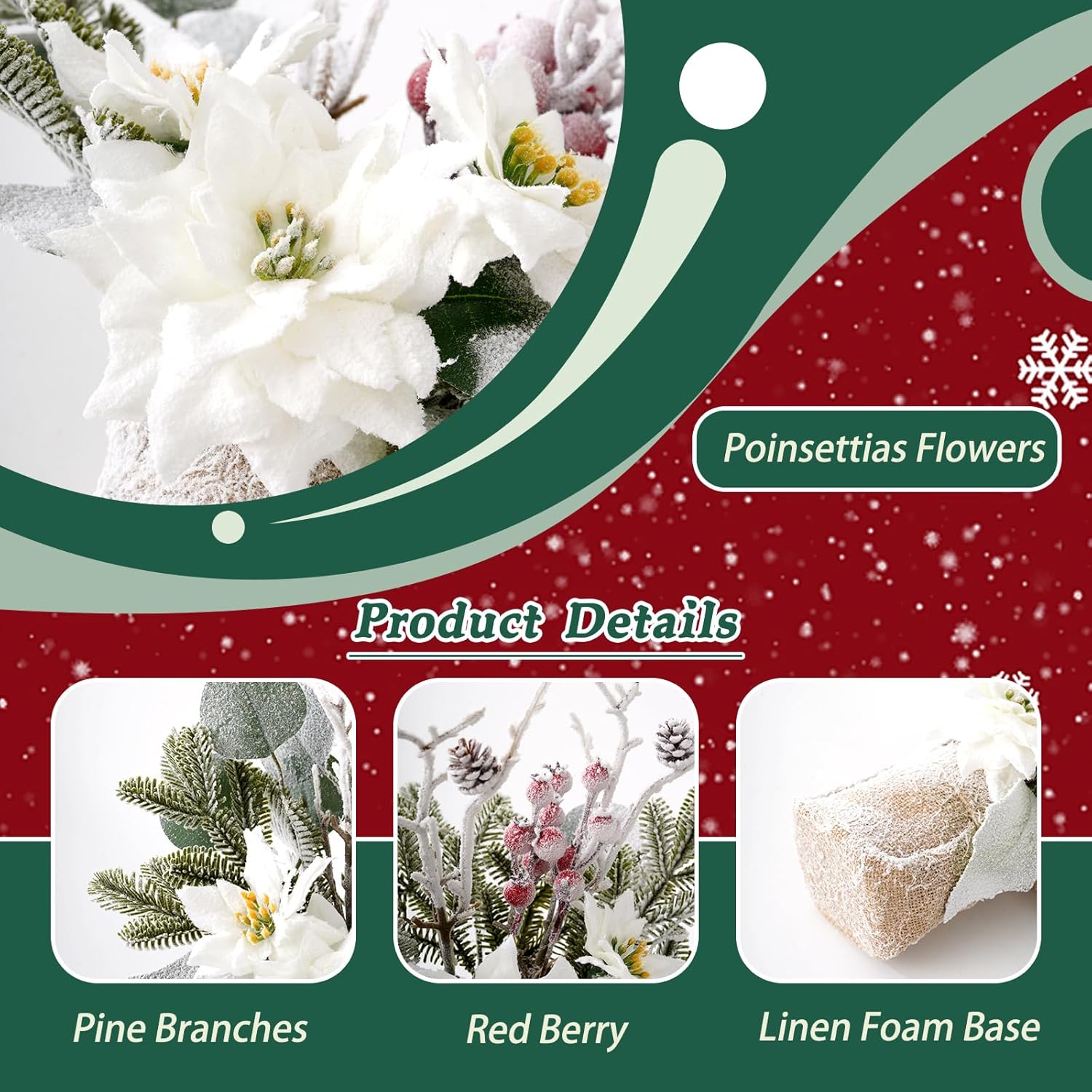 Artificial Poinsettias Christmas Flowers with Red Berry Pine Cone Branches Linen Base,12” Faux Poinsettias Plants for Home Office Table Fireplace Winter Indoor Christmas Decorations White