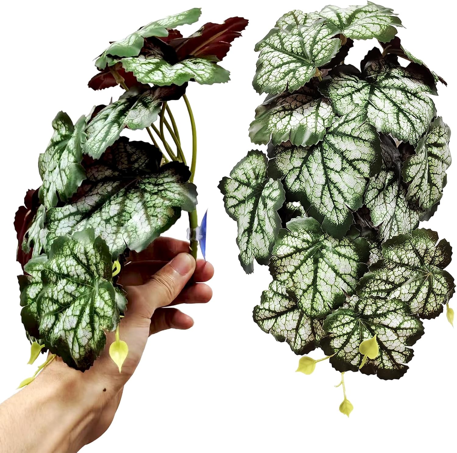 Woyrise Reptile Plants, Terrarium Hanging Plants Vines for Reptile Tank, Amphibian Habitat Leaves Decor with Suction Cups for Bearded Dragon Lizard Snake Gecko Frog Hermit Crab - 2Pack Green Heuchera